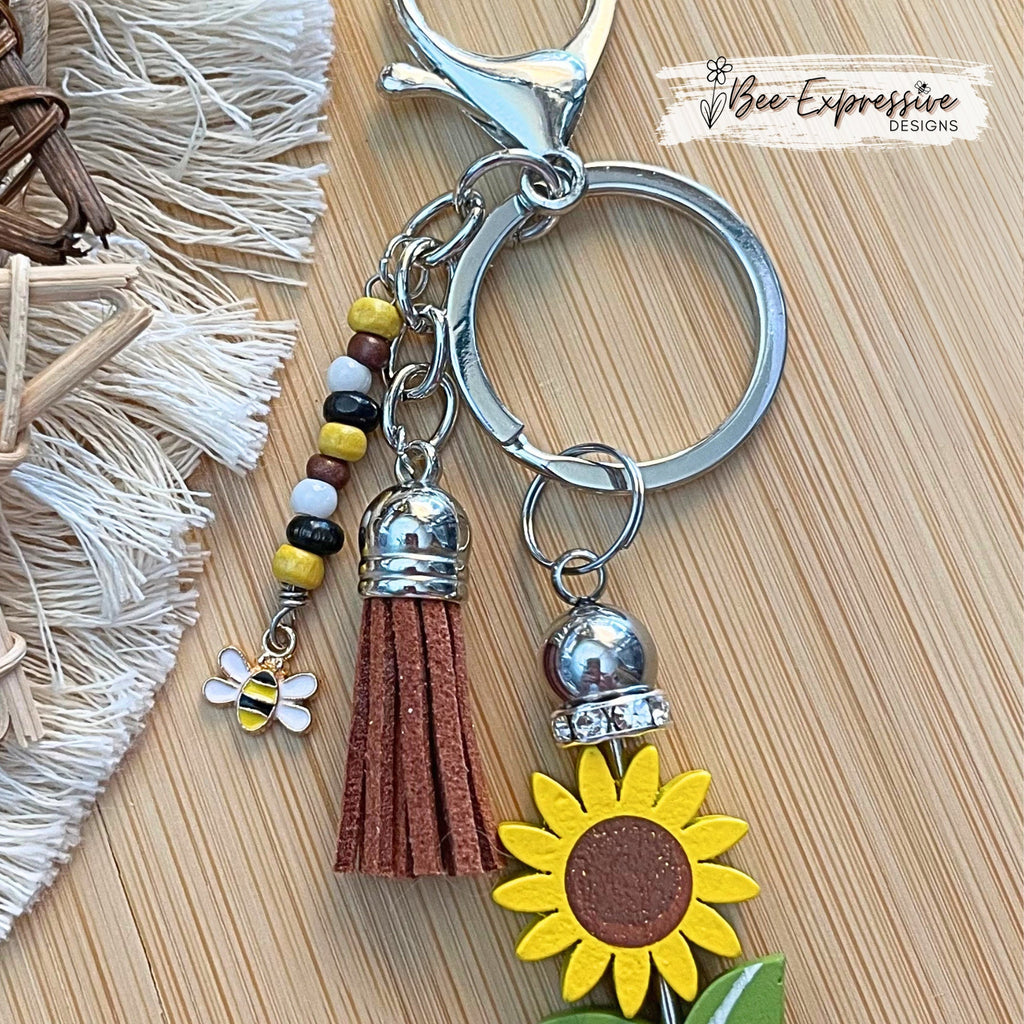 Handmade, unique, wooden sunflower gnome ' keychain!  Includes a beaded tassel and a bee charm!