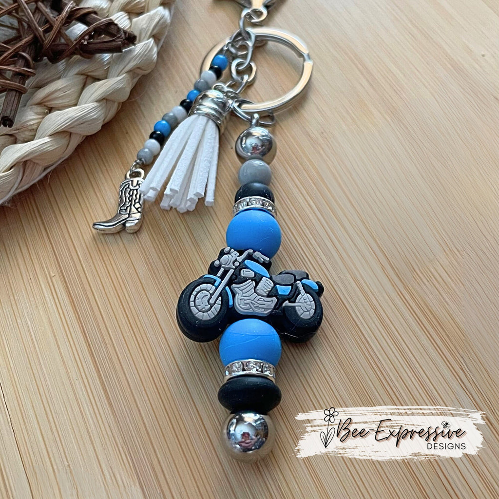Unique and handmade, blue and gray silicone motorcycle keychain!