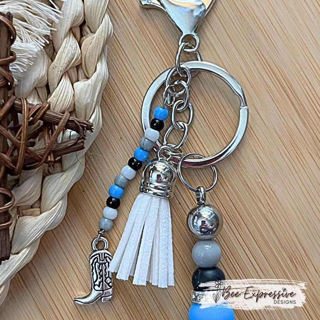 Unique and handmade, blue and gray silicone motorcycle keychain!