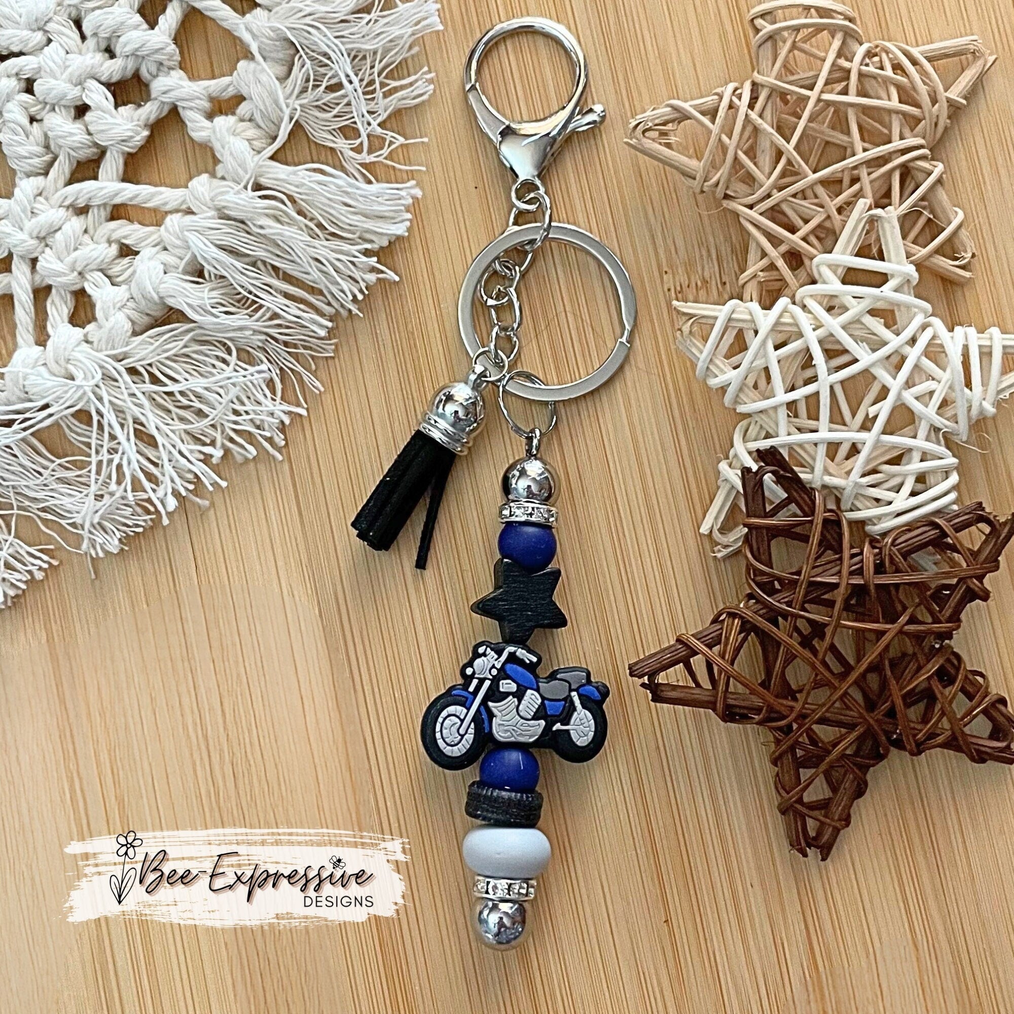 Unique and handmade, navy blue and gray silicone motorcycle keychain!
