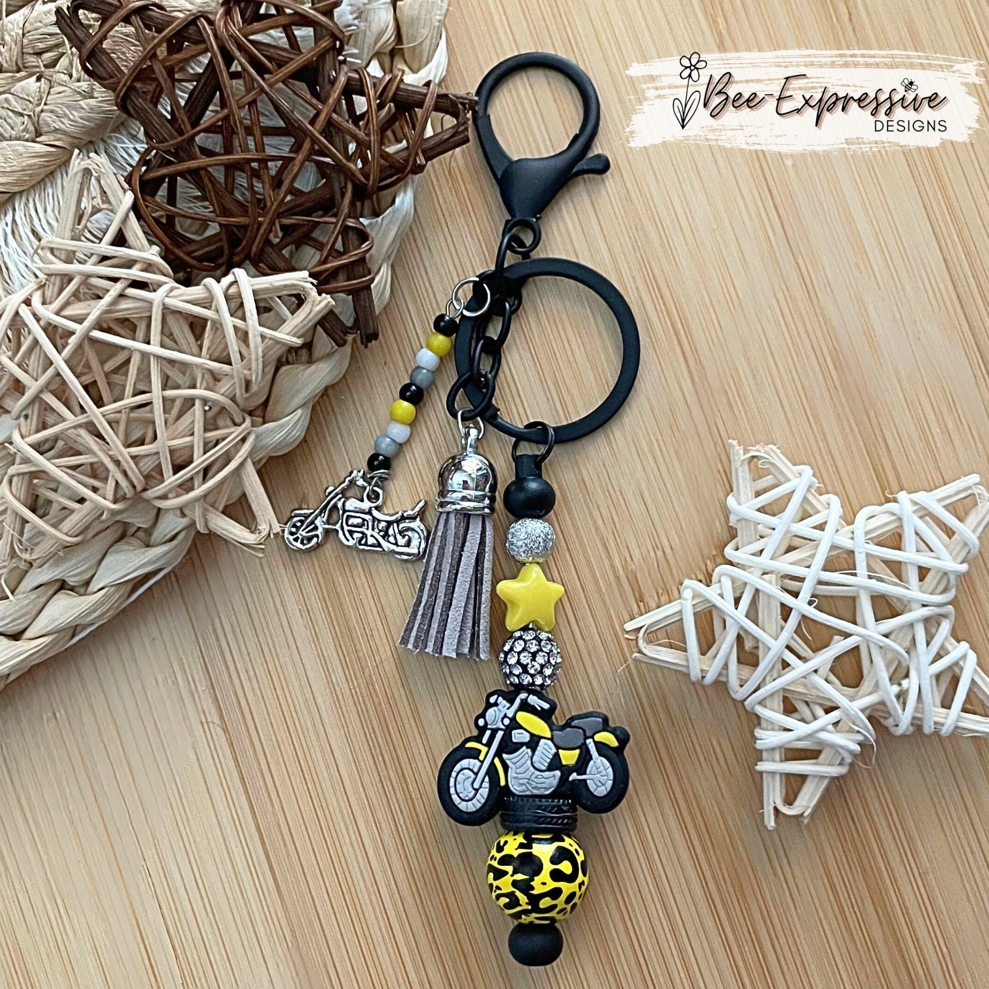 Unique and handmade, yellow and gray silicone motorcycle keychain!