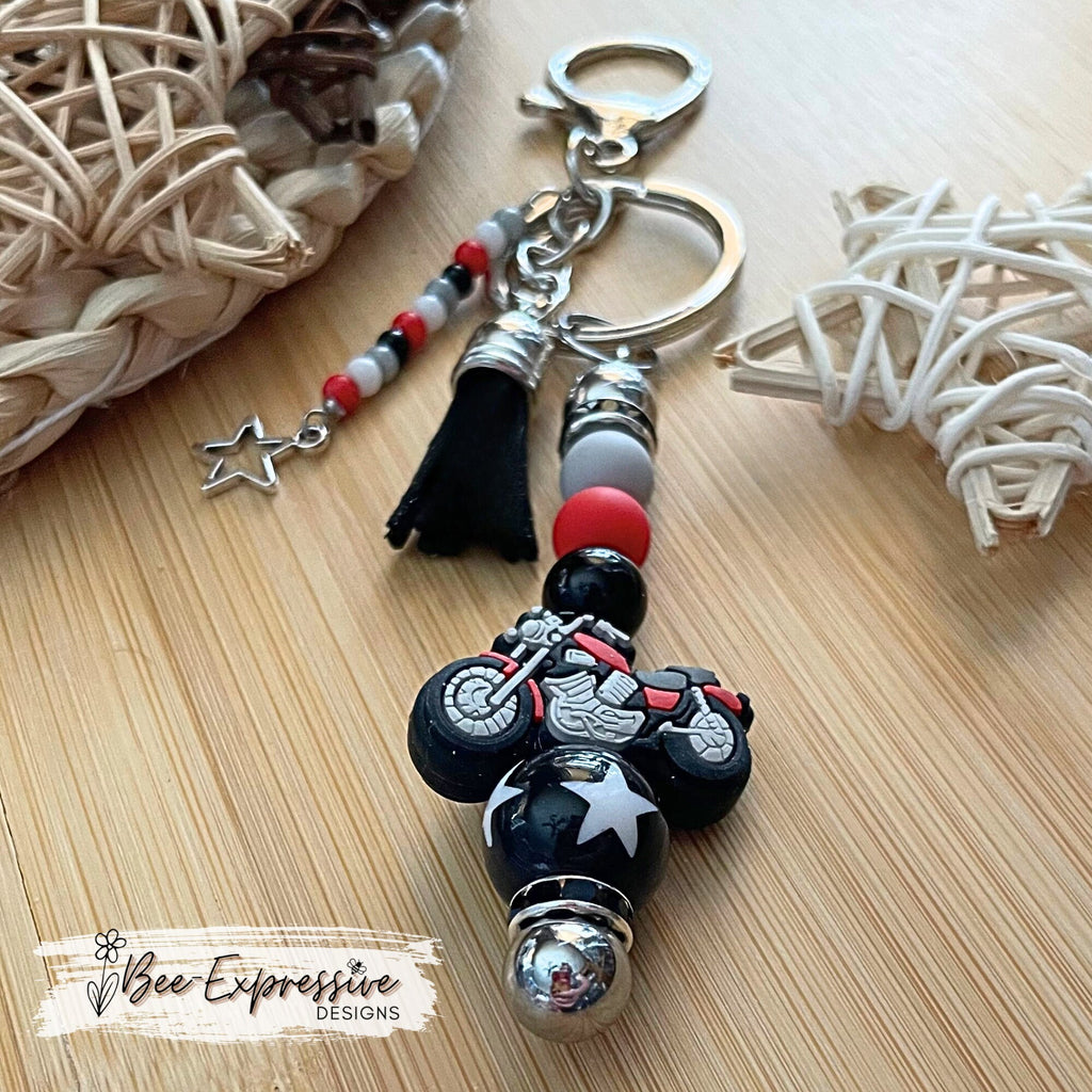 Beaded, MOTORCYCLE Keychain! Lobster or swivel clasp, acrylic star bead, rhinestone spacers, beaded tassel with star charm! Red, black, grey