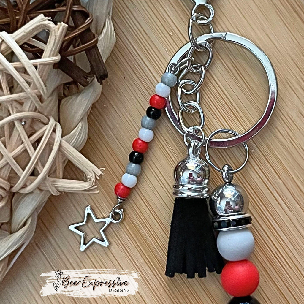 Beaded, MOTORCYCLE Keychain! Lobster or swivel clasp, acrylic star bead, rhinestone spacers, beaded tassel with star charm! Red, black, grey