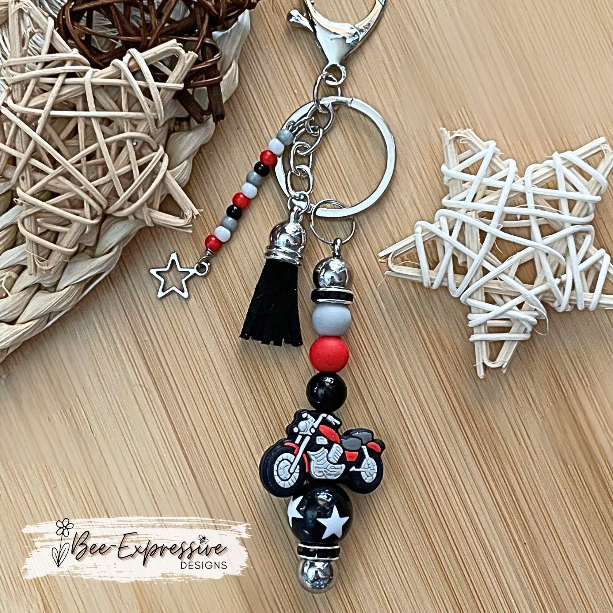 Handmade Motorcycle Keychain: Red, Gray, and Black Beaded Bag Charm
