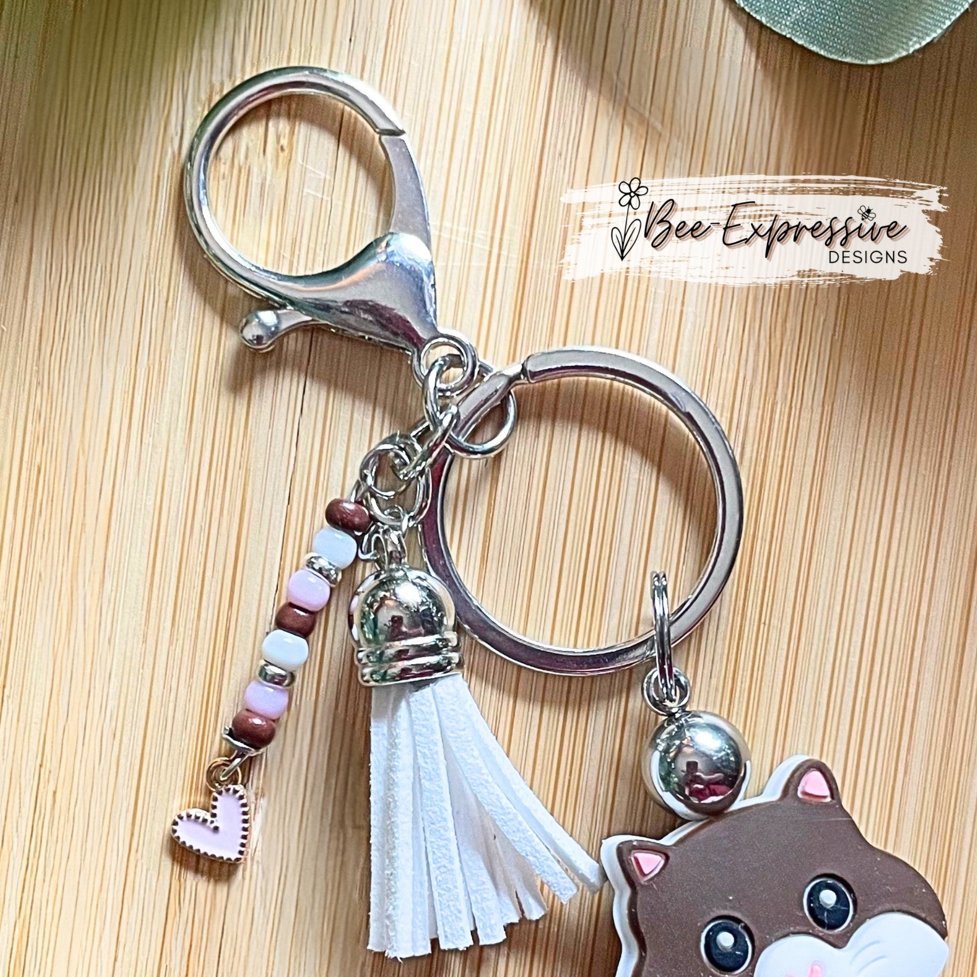 Beaded, HAMSTER keychain! Lobster or swivel clasp, fuzzy beads, lentil silicone bead, acrylic beaded tassel with metal heart shaped charm!