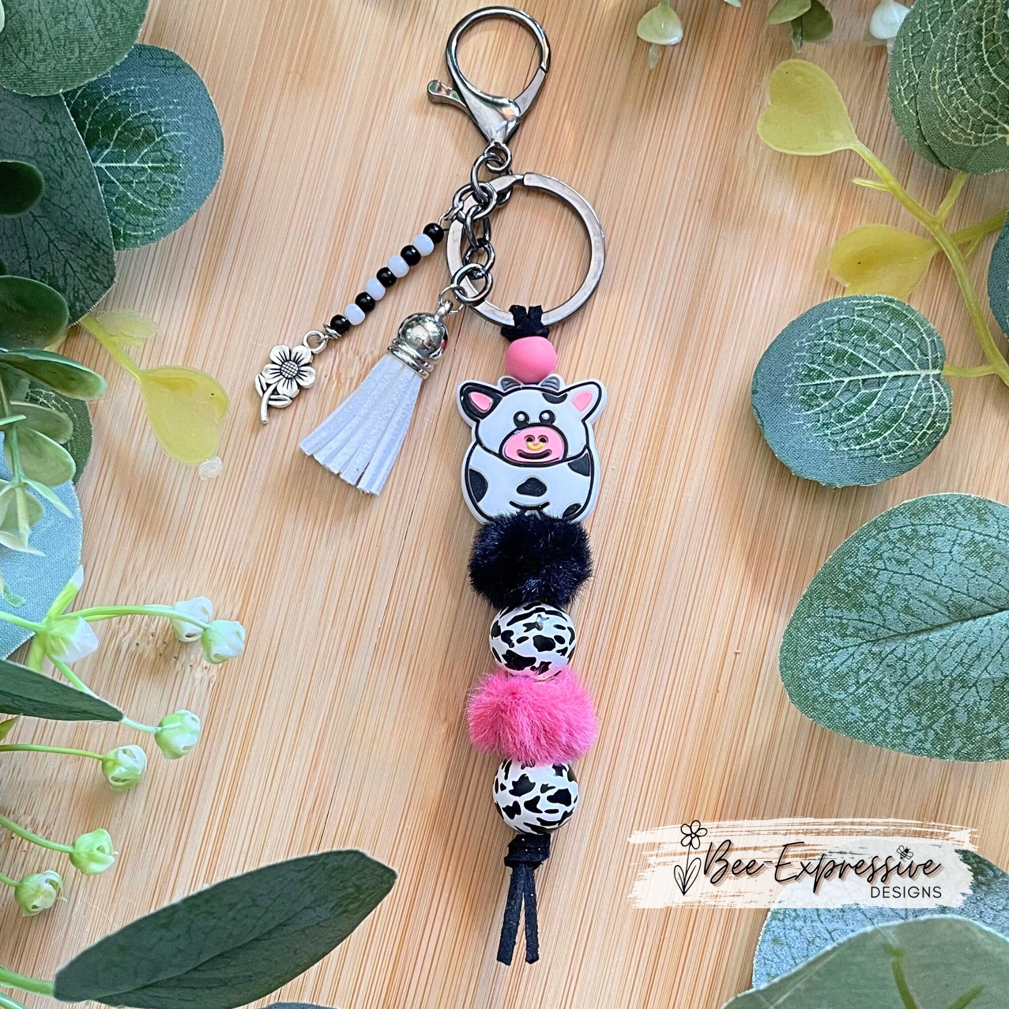 Handmade Cow Keychain: Furry & Wood Beads, Acrylic Tassel, Metal Flower Charm