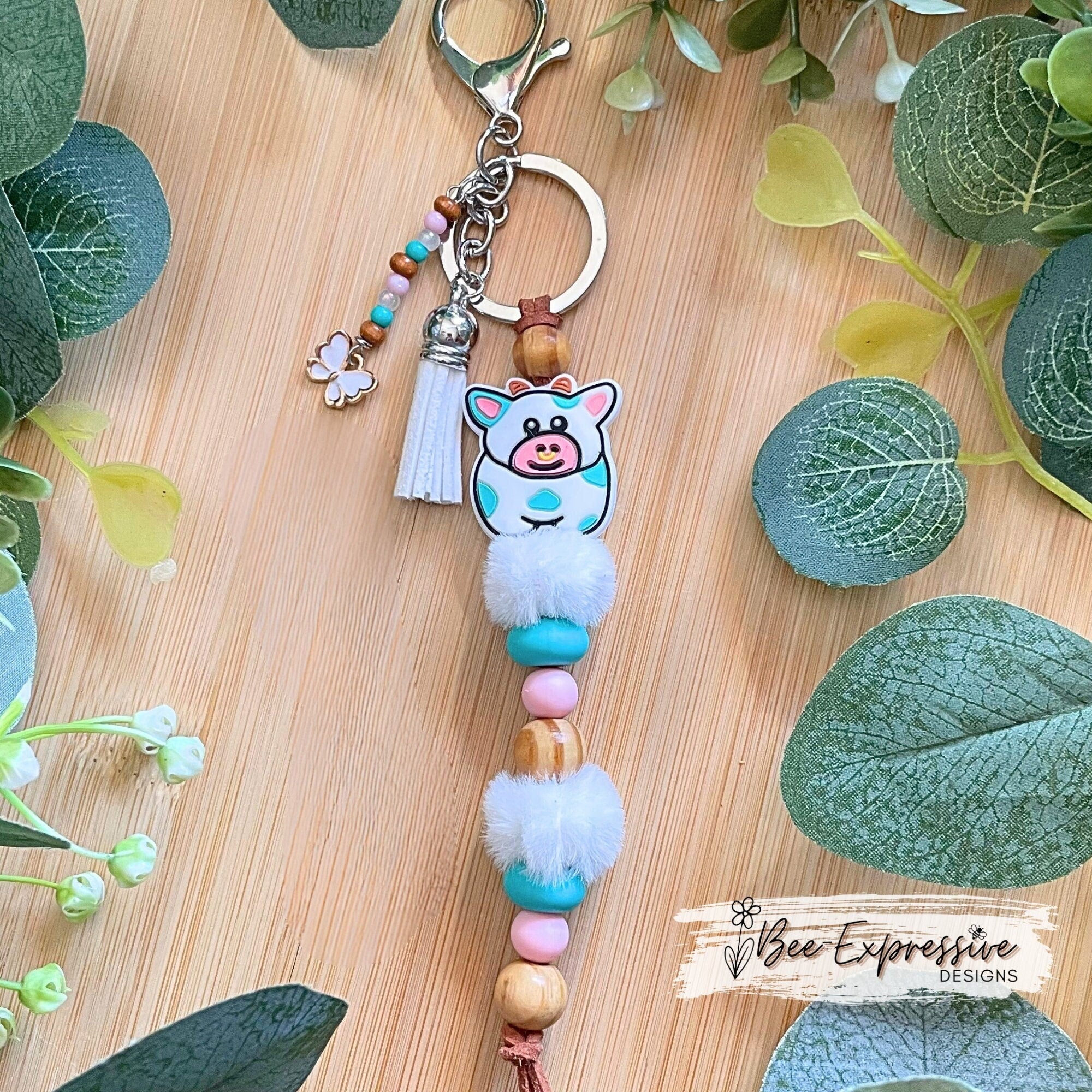 Handmade Cow Keychain: Beaded Tassel, Butterfly Charm