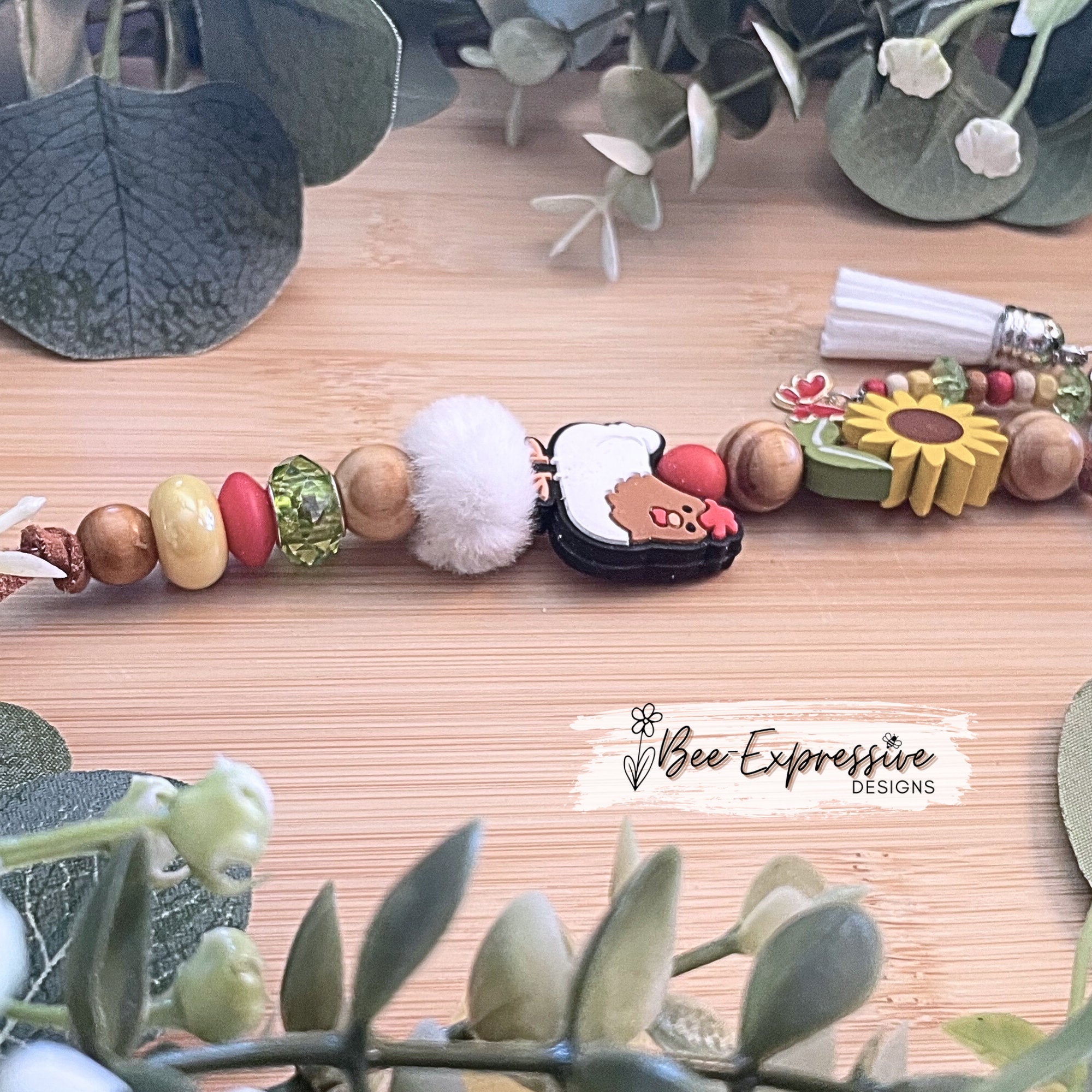 Beaded, CHICKEN or ROOSTER keychain! Lobster or swivel clasp, wood sunflower bead, fuzzy bead, beaded tassel, wood beads, butterfly charm!