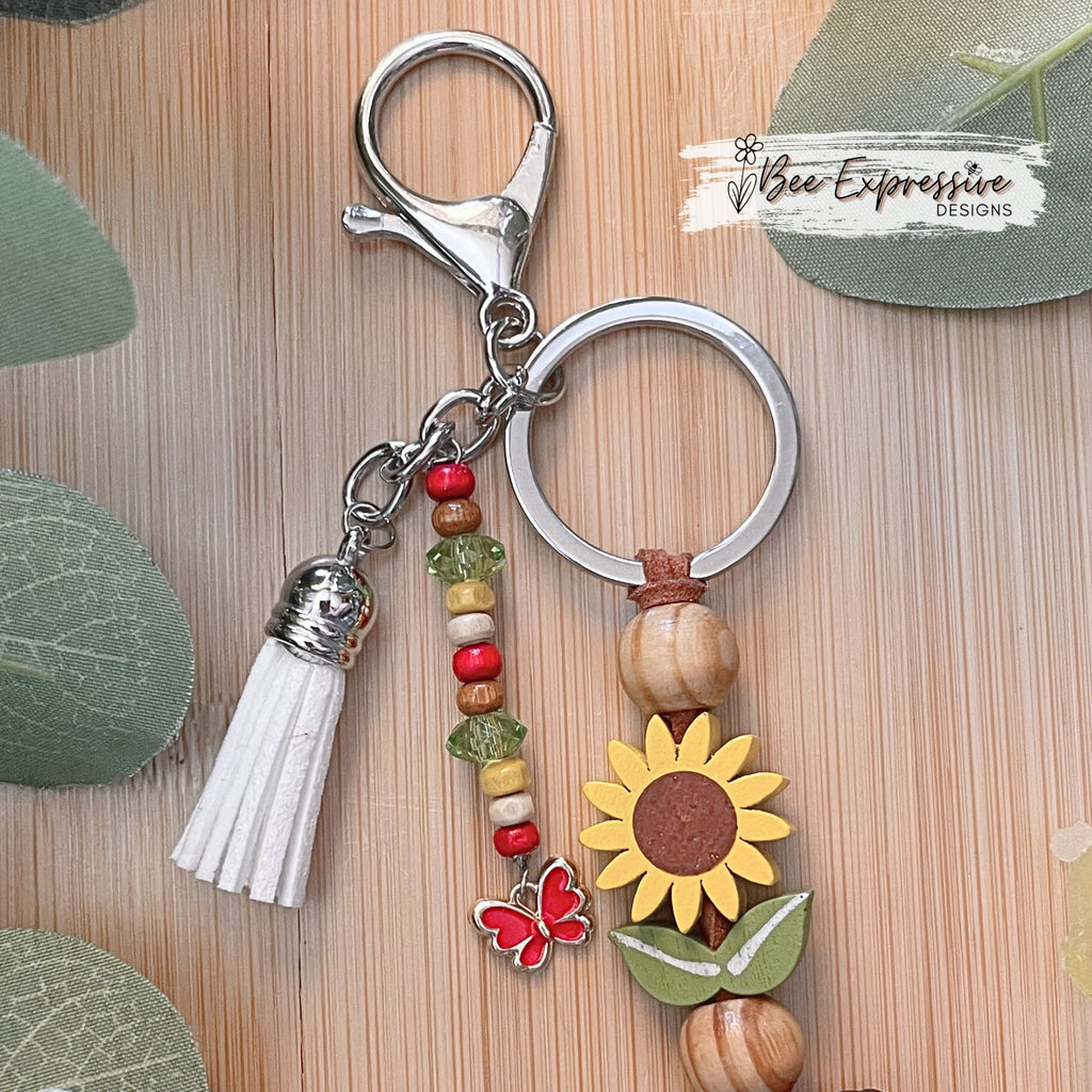 Beaded, CHICKEN or ROOSTER keychain! Lobster or swivel clasp, wood sunflower bead, fuzzy bead, beaded tassel, wood beads, butterfly charm!