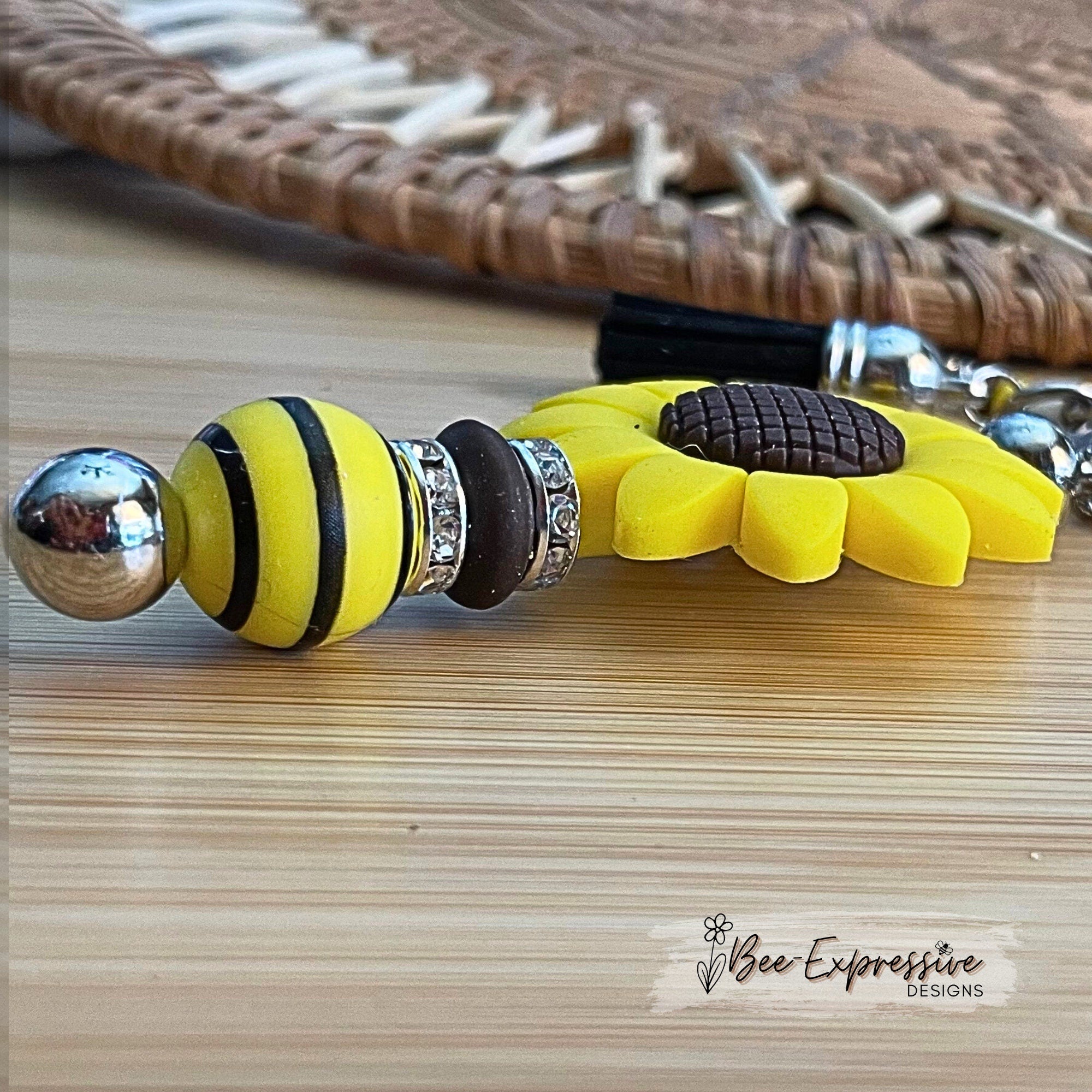 Handmade, beaded, silicone SUNFLOWER keychain! Lobster clasp, bee & a honey pot charm, wood striped bead, beaded tassel, rhinestone spacer