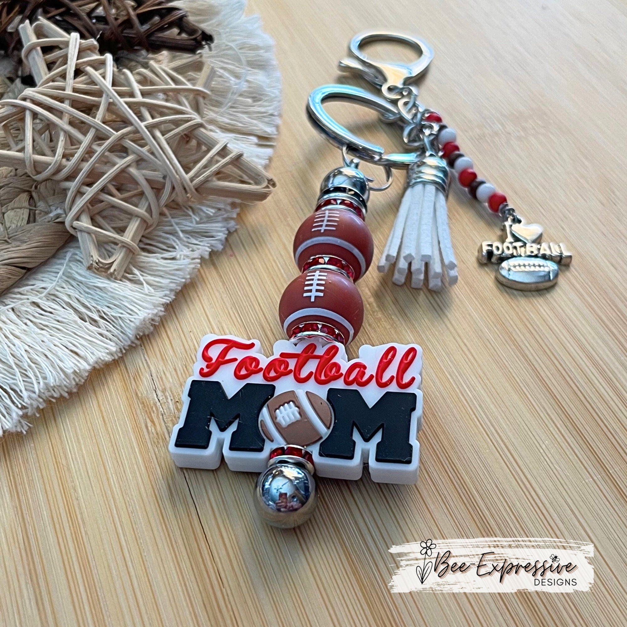 Handmade, FOOTBALL MOM keychain! Lobster claw clasp, rhinestone spacers, silicone footballs, beaded tassel with football charm, customized!