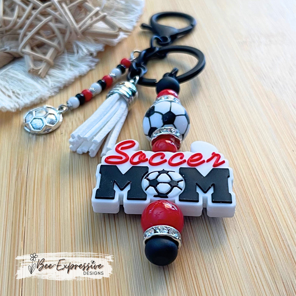 Unique, handmade, SOCCER MOM keychain! Black lobster clasp, silicone soccer ball bead, acrylic beads, beaded tassel with soccer ball charm!