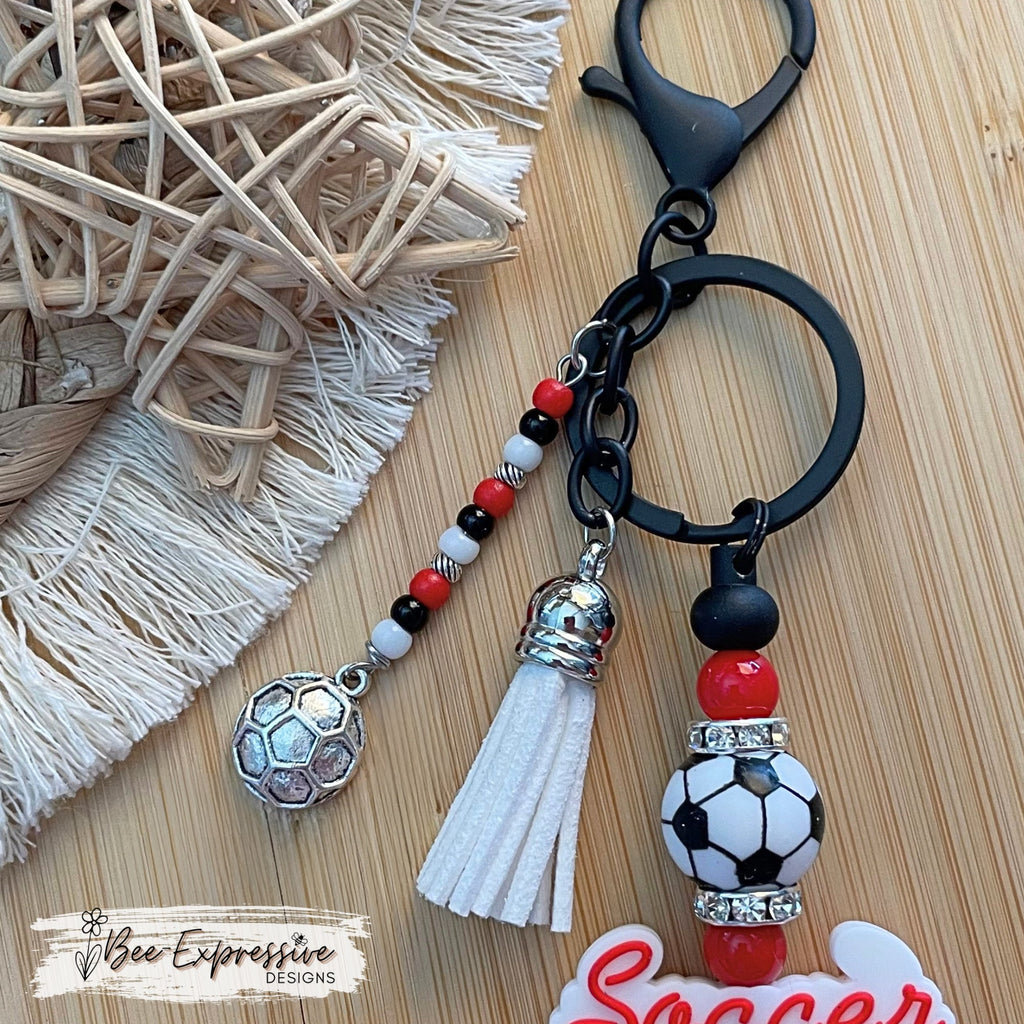 Unique, handmade, SOCCER MOM keychain! Black lobster clasp, silicone soccer ball bead, acrylic beads, beaded tassel with soccer ball charm!