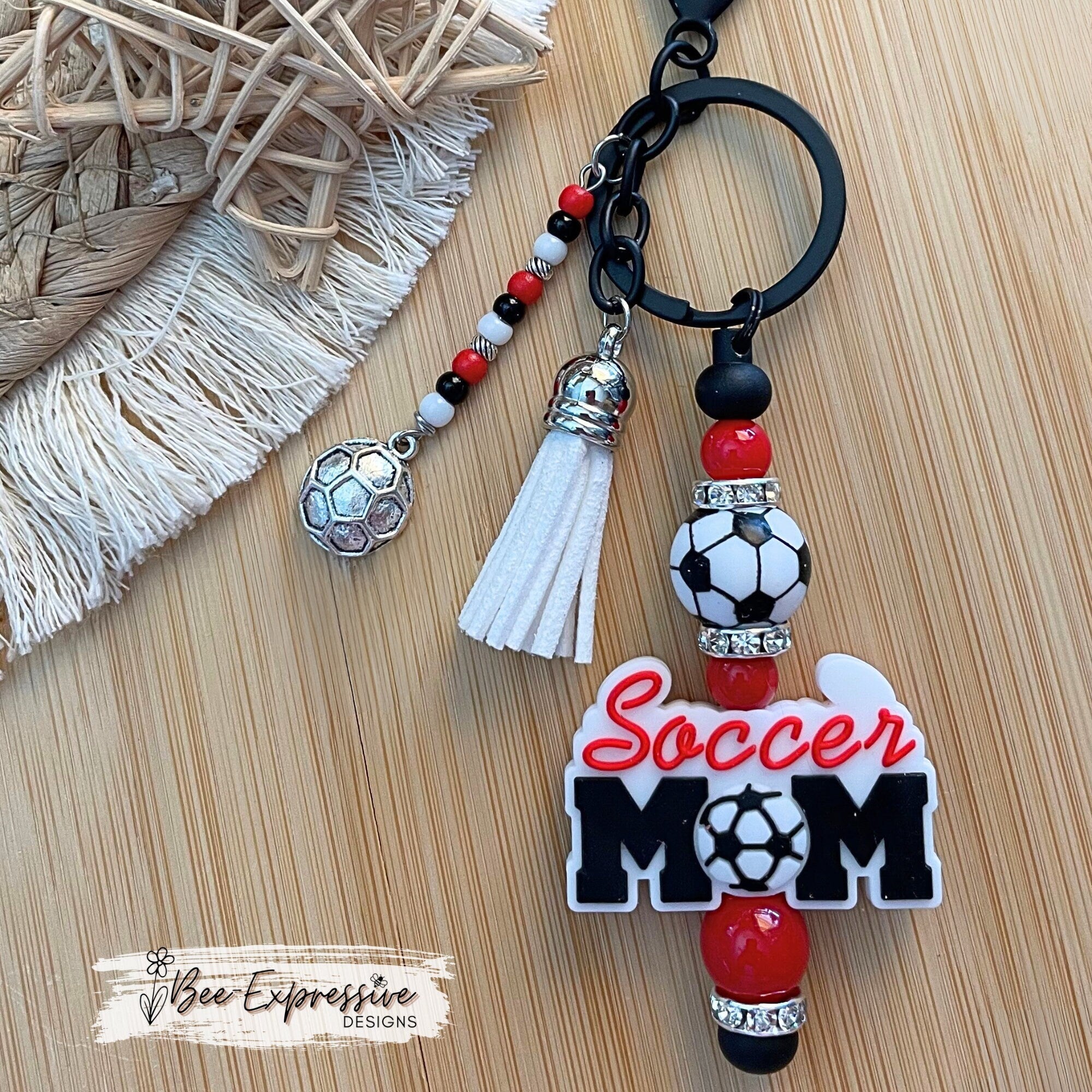 Unique, handmade, SOCCER MOM keychain! Black lobster clasp, silicone soccer ball bead, acrylic beads, beaded tassel with soccer ball charm!