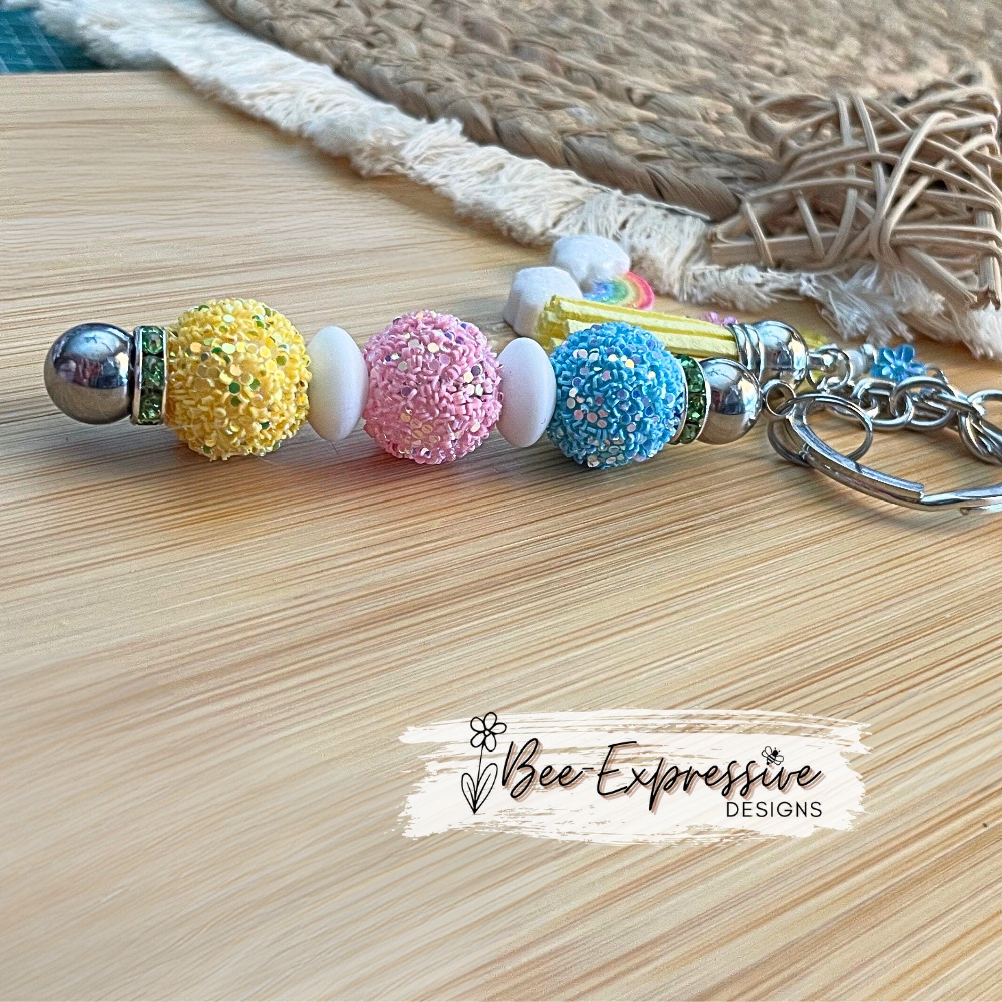 Beautiful, handmade, rainbow keychain! Lobster clasp, metal keychain, interchangeable, glitter beads, acrylic tiny flowers, rainbow charm