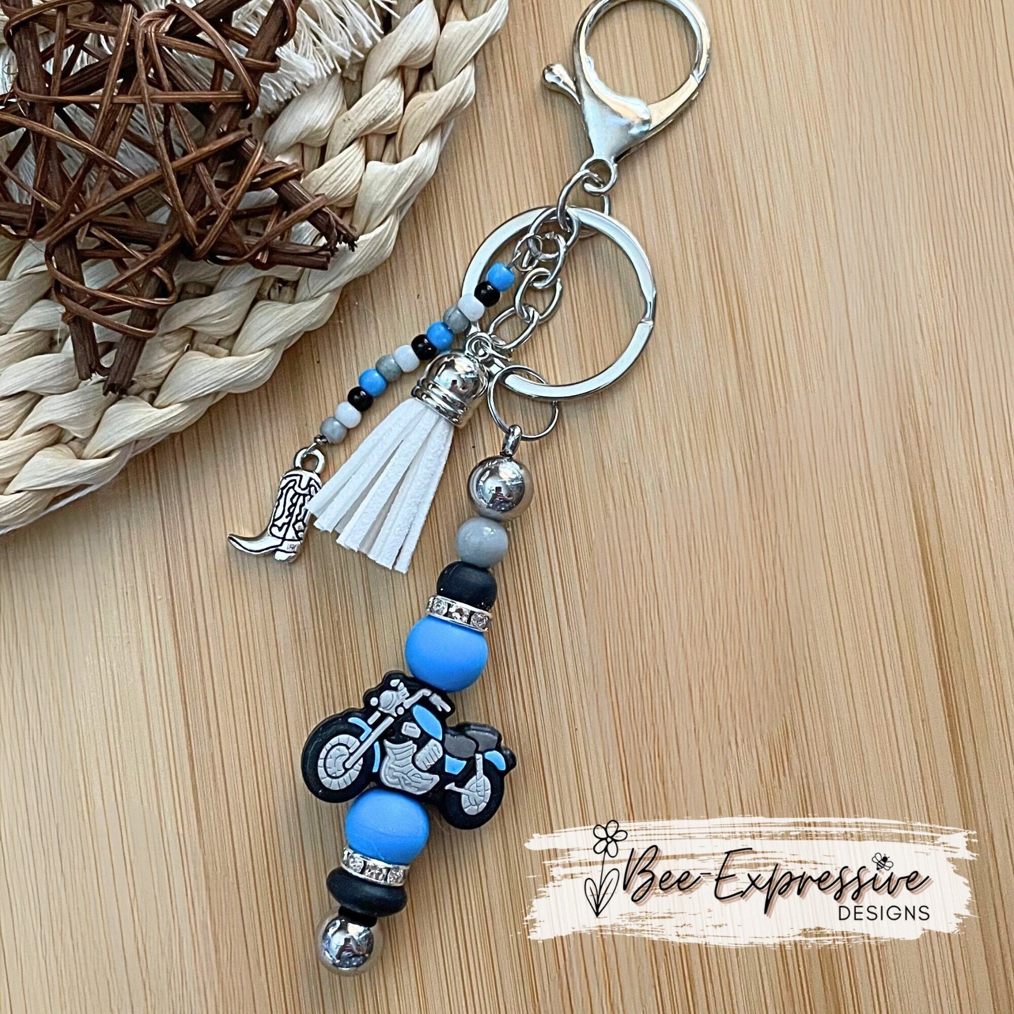 Handmade Blue & Gray Silicone Motorcycle Keychain: Beaded Tassel, Boot Charm