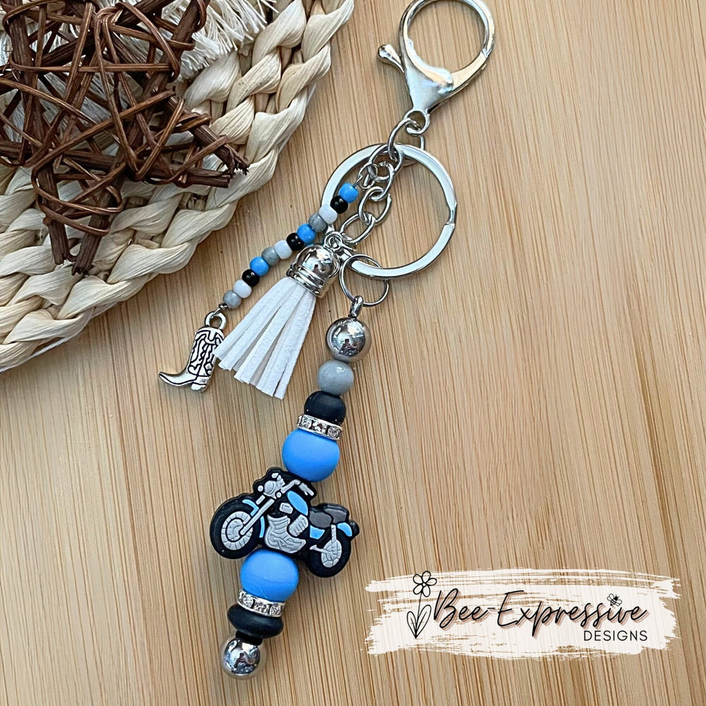 Unique and handmade, blue and gray silicone motorcycle keychain!