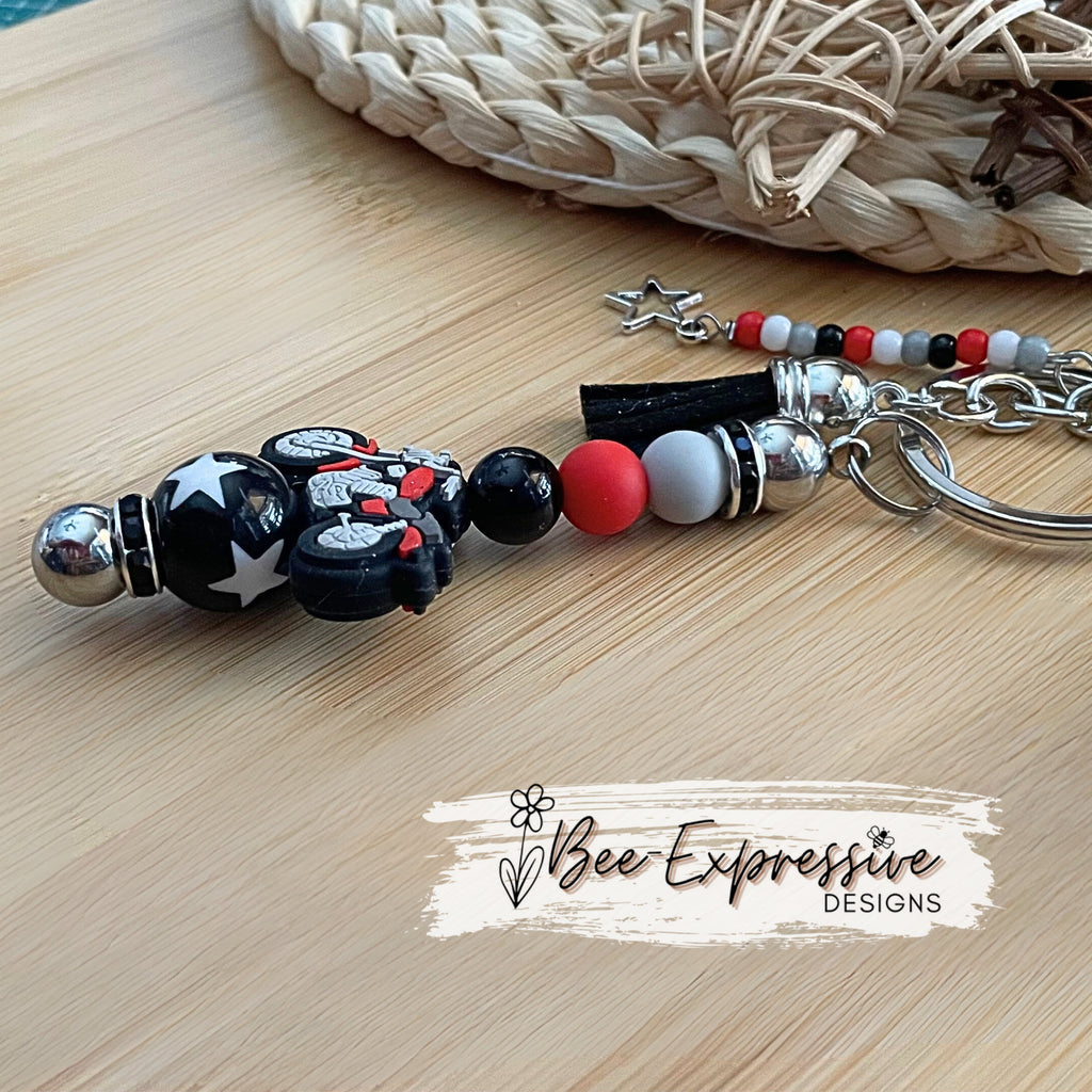 Beaded, MOTORCYCLE Keychain! Lobster or swivel clasp, acrylic star bead, rhinestone spacers, beaded tassel with star charm! Red, black, grey