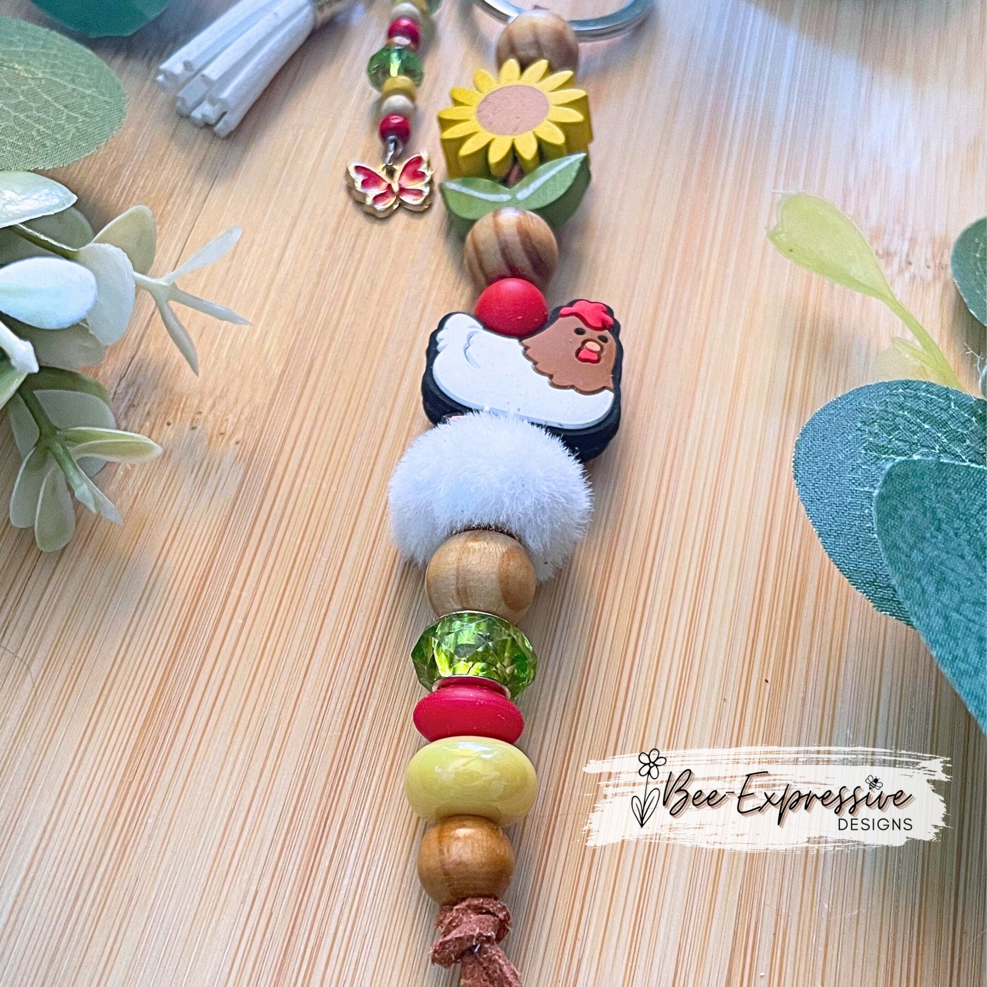 Beaded, CHICKEN or ROOSTER keychain! Lobster or swivel clasp, wood sunflower bead, fuzzy bead, beaded tassel, wood beads, butterfly charm!