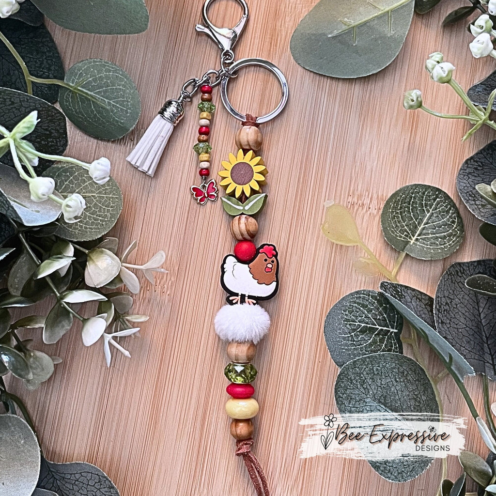 Beaded, CHICKEN or ROOSTER keychain! Lobster or swivel clasp, wood sunflower bead, fuzzy bead, beaded tassel, wood beads, butterfly charm!