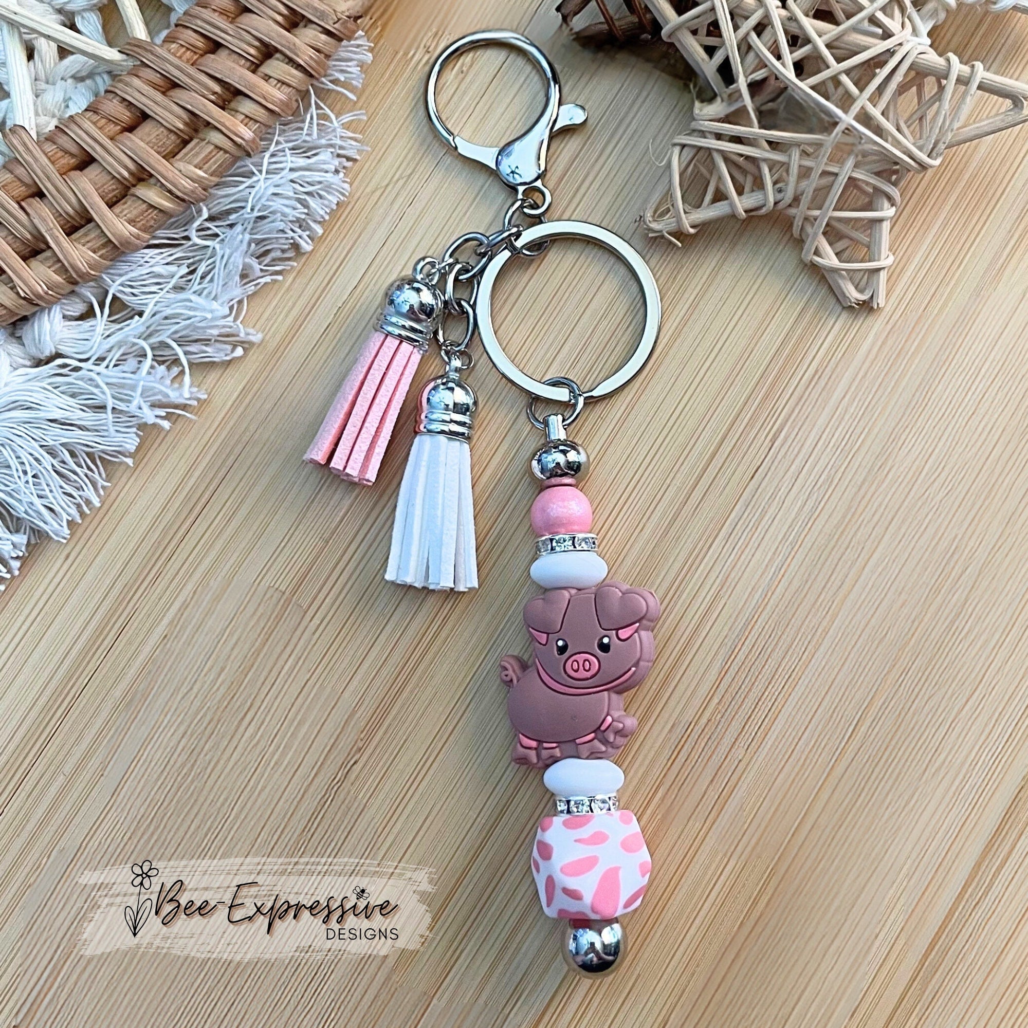 LAST ONE! Pink Pig Beaded Keychain: Rhinestone Accents, Tassel Charm