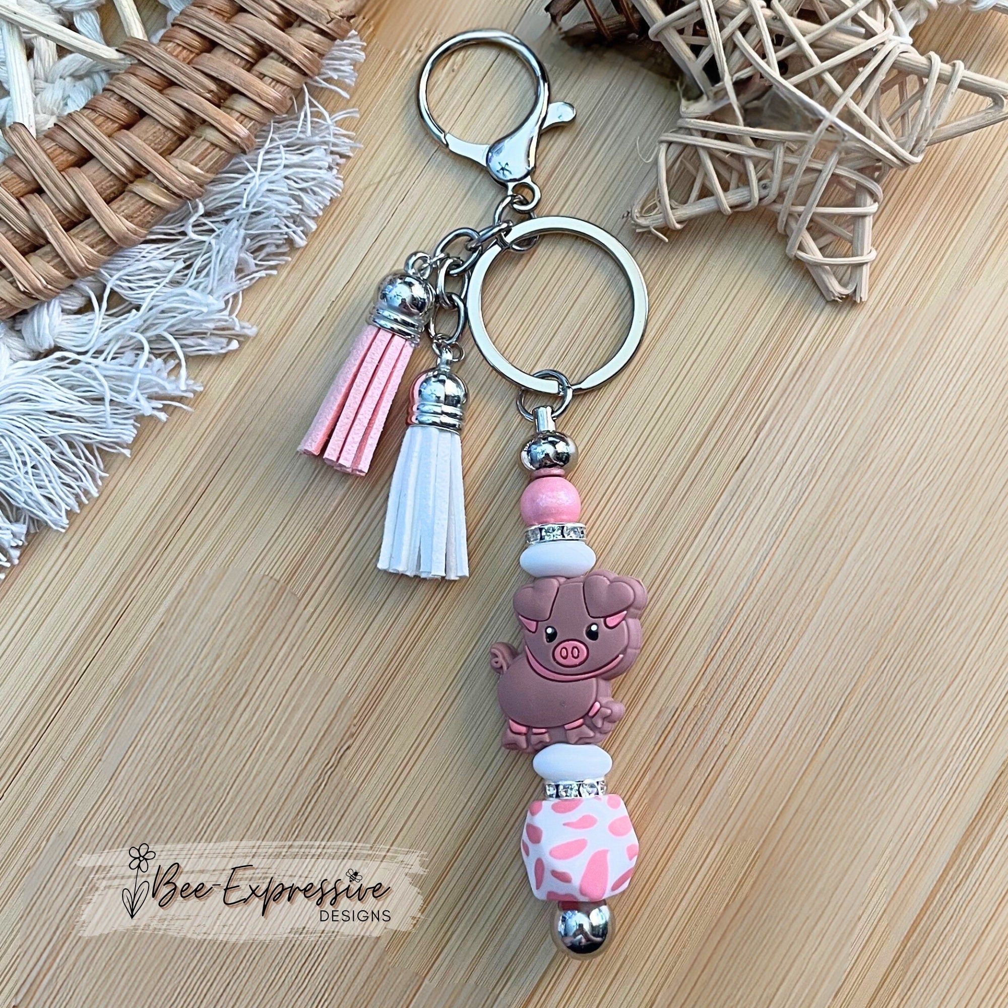 Pink PIG beaded keychain! Lobster or swivel clasp, bead bar, rhinestones, animal print octagon bead, lentils, and 2 tassels