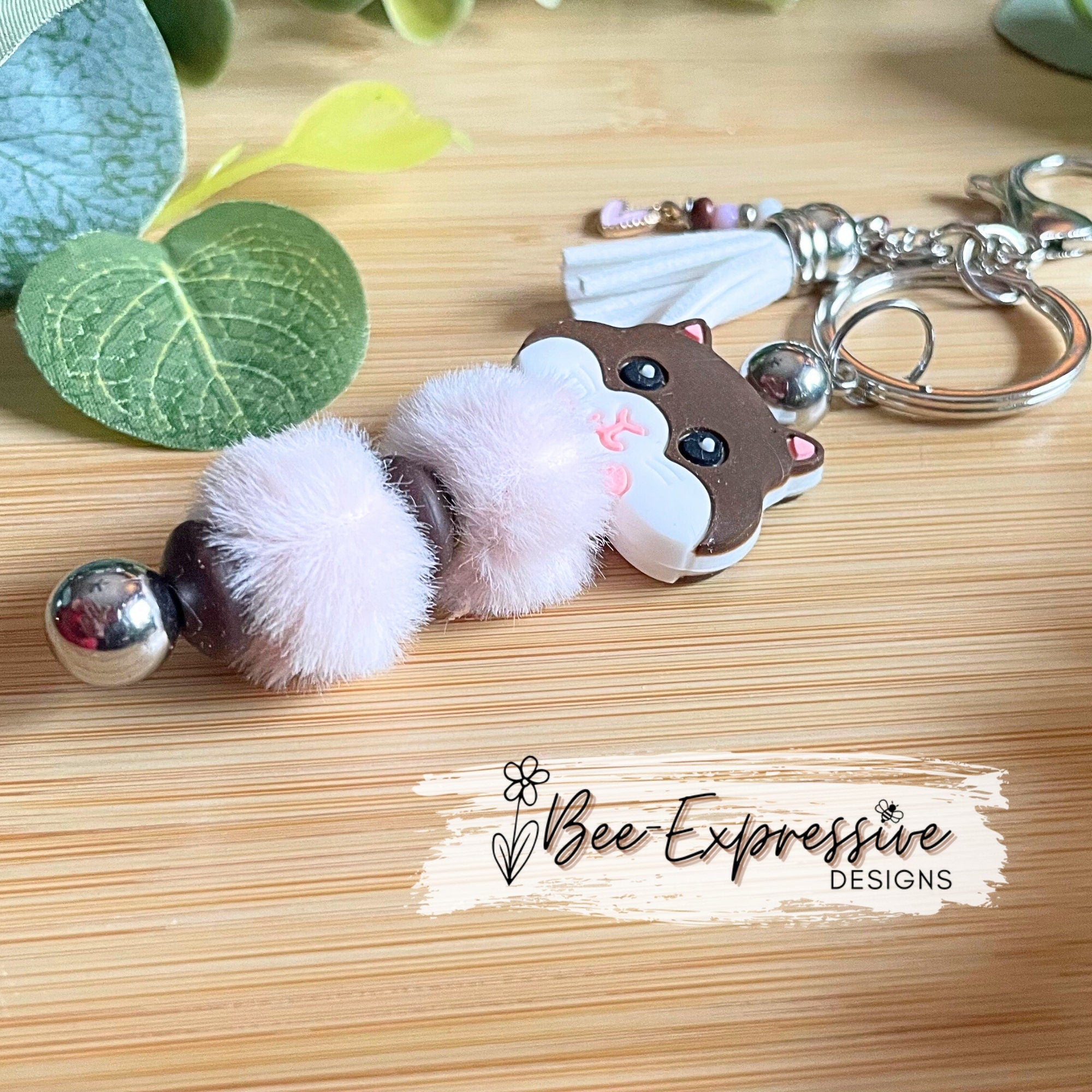 Beaded, HAMSTER keychain! Lobster or swivel clasp, fuzzy beads, lentil silicone bead, acrylic beaded tassel with metal heart shaped charm!