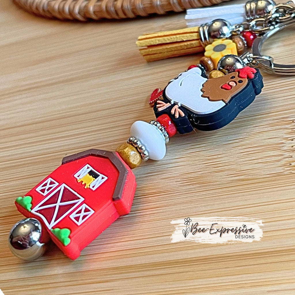 Handmade, vividly colored, silicone red barn, chicken keychain! Lobster or swivel clasp, rooster, beaded tassel, sunflower, & heart charm