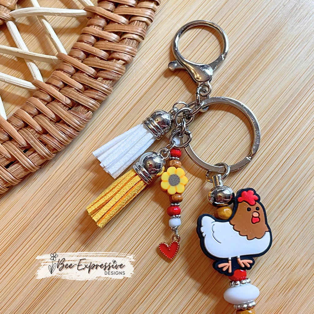 Handmade, vividly colored, silicone red barn, chicken keychain! Lobster or swivel clasp, rooster, beaded tassel, sunflower, & heart charm