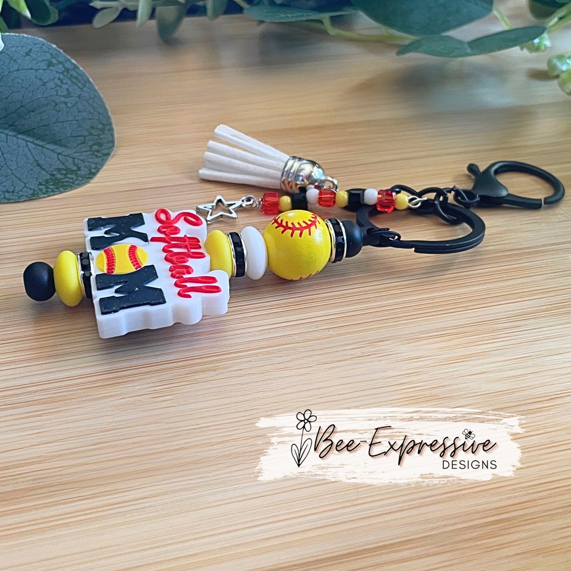 Handmade, softball mom, keychain! Lobster claw clasp, interchangeable bar, lentil beads, rhinestone spacers, acrylic beaded tassel with star