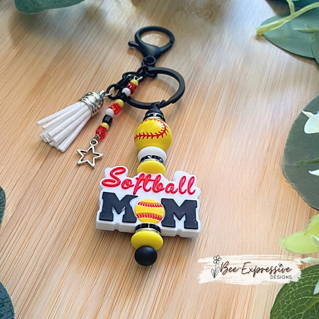 Handmade, softball mom, keychain! Lobster claw clasp, interchangeable bar, lentil beads, rhinestone spacers, acrylic beaded tassel with star