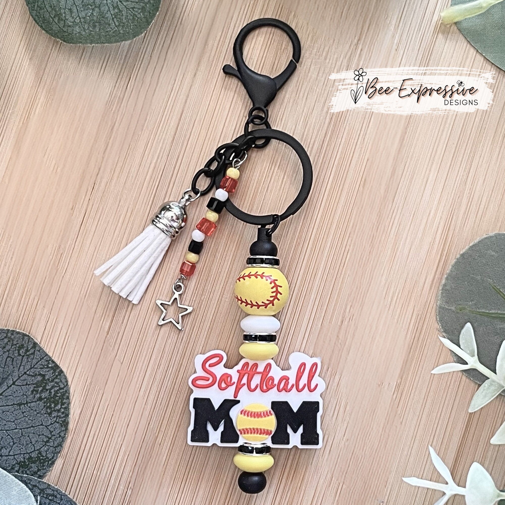 Handmade, softball mom, keychain! Lobster claw clasp, interchangeable bar, lentil beads, rhinestone spacers, acrylic beaded tassel with star
