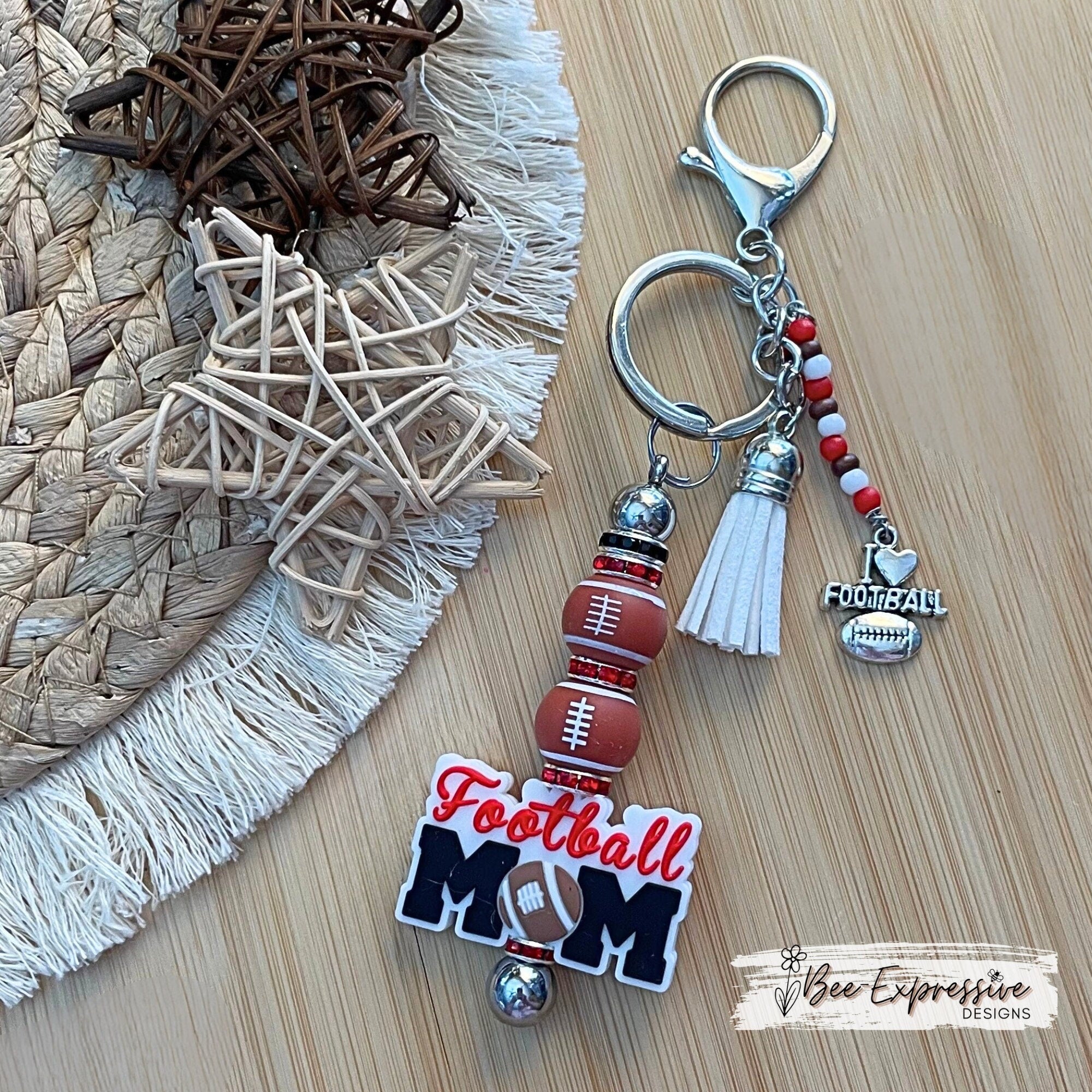 Handmade Football Mom Keychain: Beaded Tassel & Jersey Number Option
