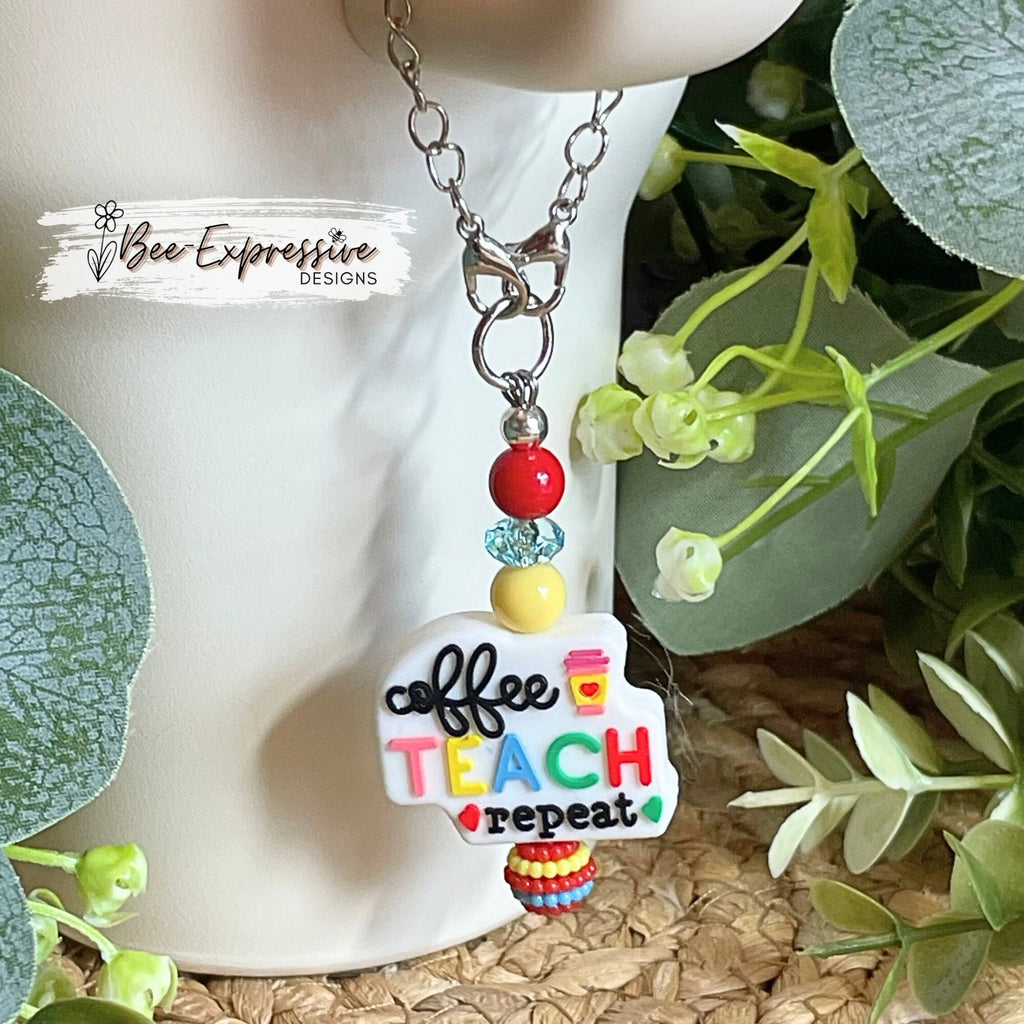 Handmade, unique, tumbler charm TEACHER chain! Lobster claw clasps, silver chain, silicone focal bead, acrylic round beads