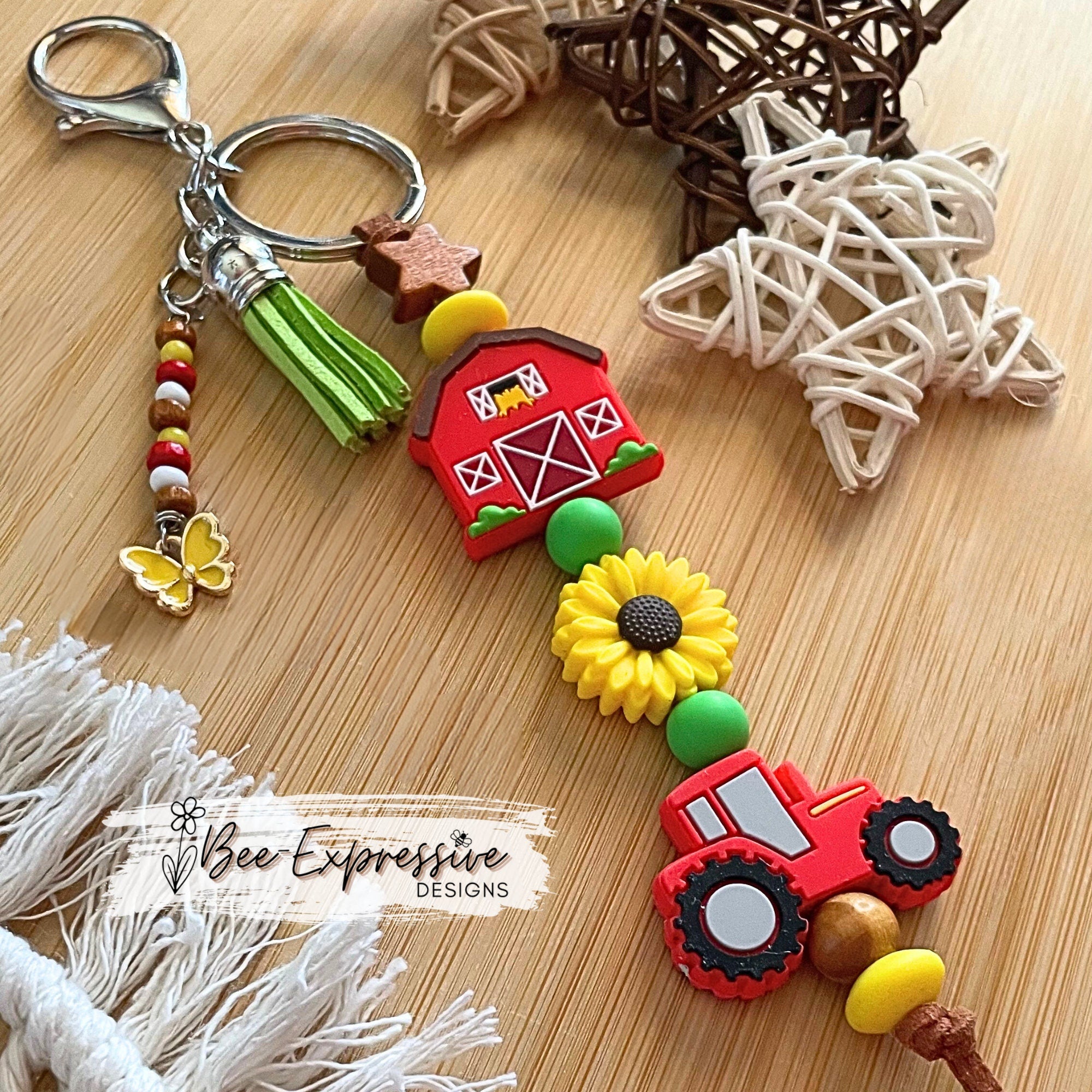 Handmade Farm Tractor Keychain: Barn, Sunflower, Butterfly Tassel