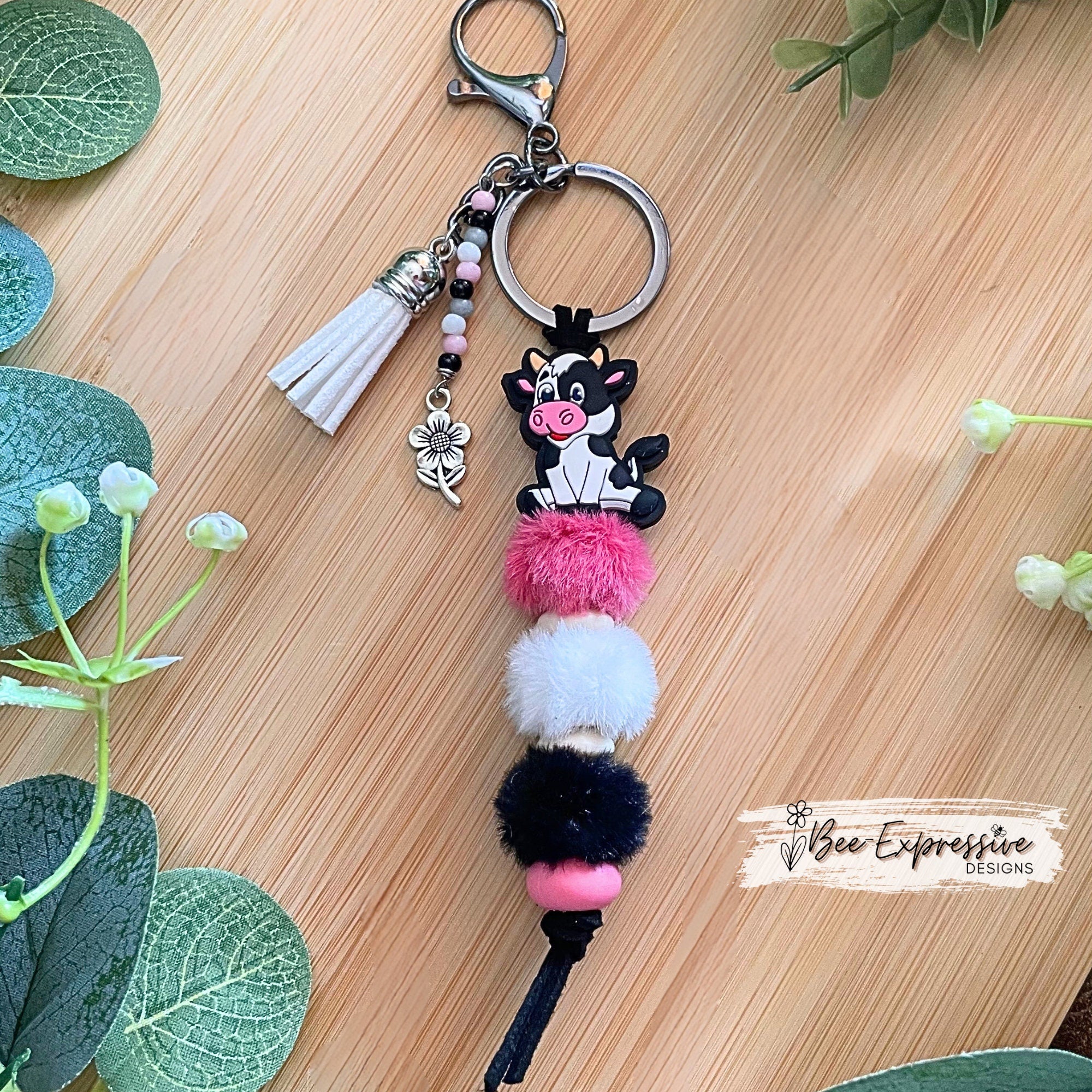Handmade Cow Keychain: Furry Beads, Flower Charm, Beaded Tassel