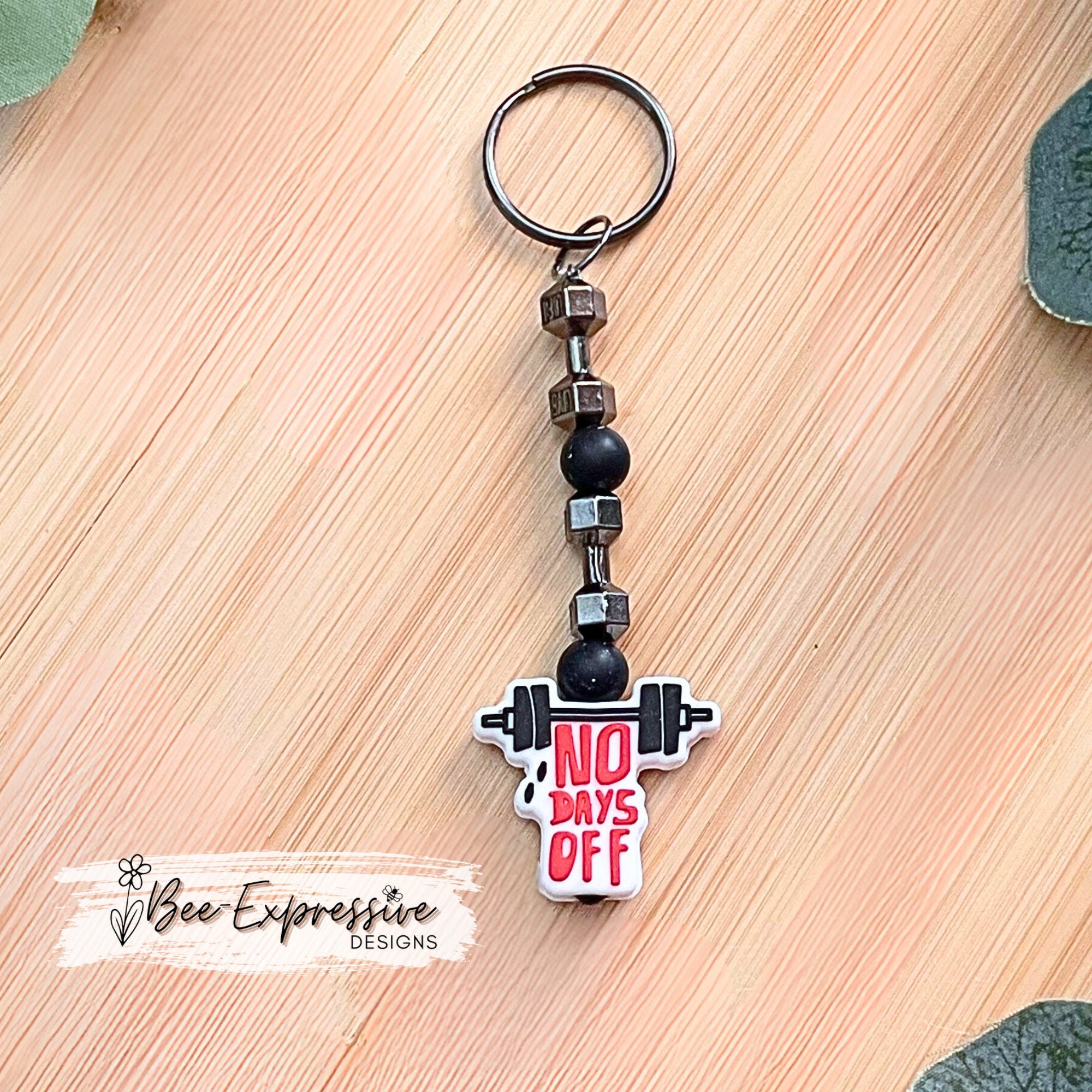 Handmade, weightlifting, work out keychain!  Swivel clasp & keyring, elastic string, with focal bead, metal dumbbells, and silicone beads