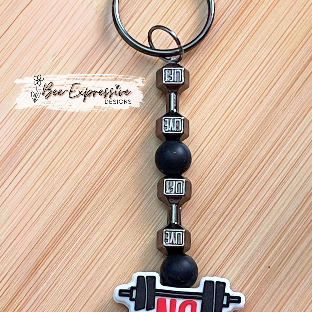 Handmade, weightlifting, work out keychain!  Swivel clasp & keyring, elastic string, with focal bead, metal dumbbells, and silicone beads