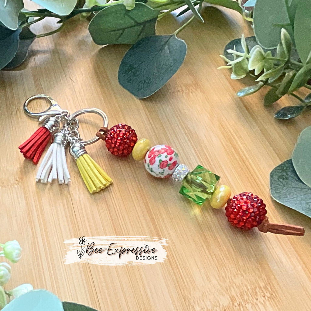 Rhinestone, 20mm chunky beaded keychain! Lobster or swivel clasp, acrylic rondelle spacer beads, large red rhinestone beads, three tassels!