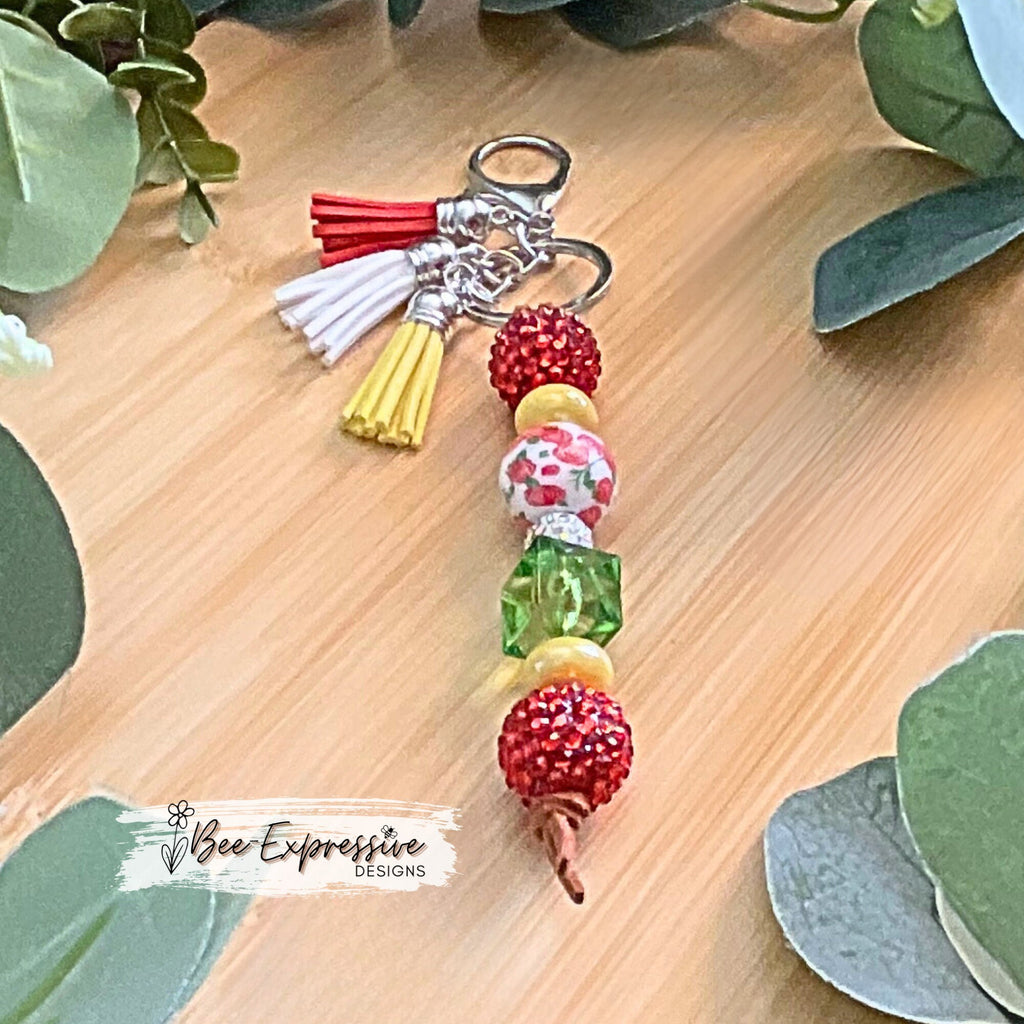 Rhinestone, 20mm chunky beaded keychain! Lobster or swivel clasp, acrylic rondelle spacer beads, large red rhinestone beads, three tassels!
