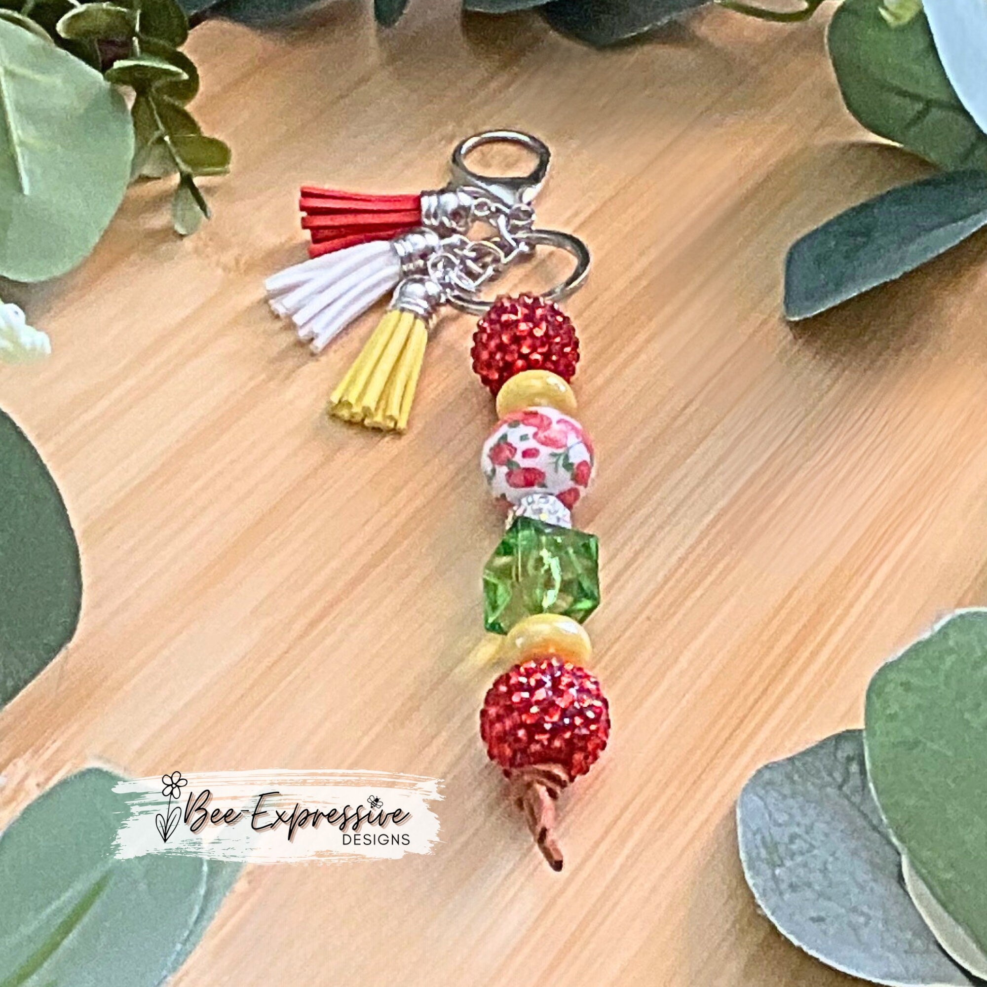 Rhinestone, 20mm chunky beaded keychain! Lobster or swivel clasp, acrylic rondelle spacer beads, large red rhinestone beads, three tassels!