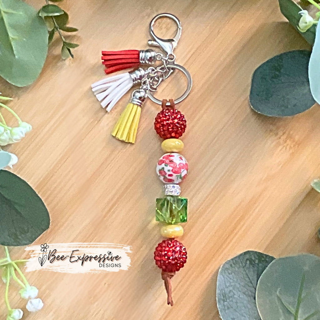 Rhinestone, 20mm chunky beaded keychain! Lobster or swivel clasp, acrylic rondelle spacer beads, large red rhinestone beads, three tassels!