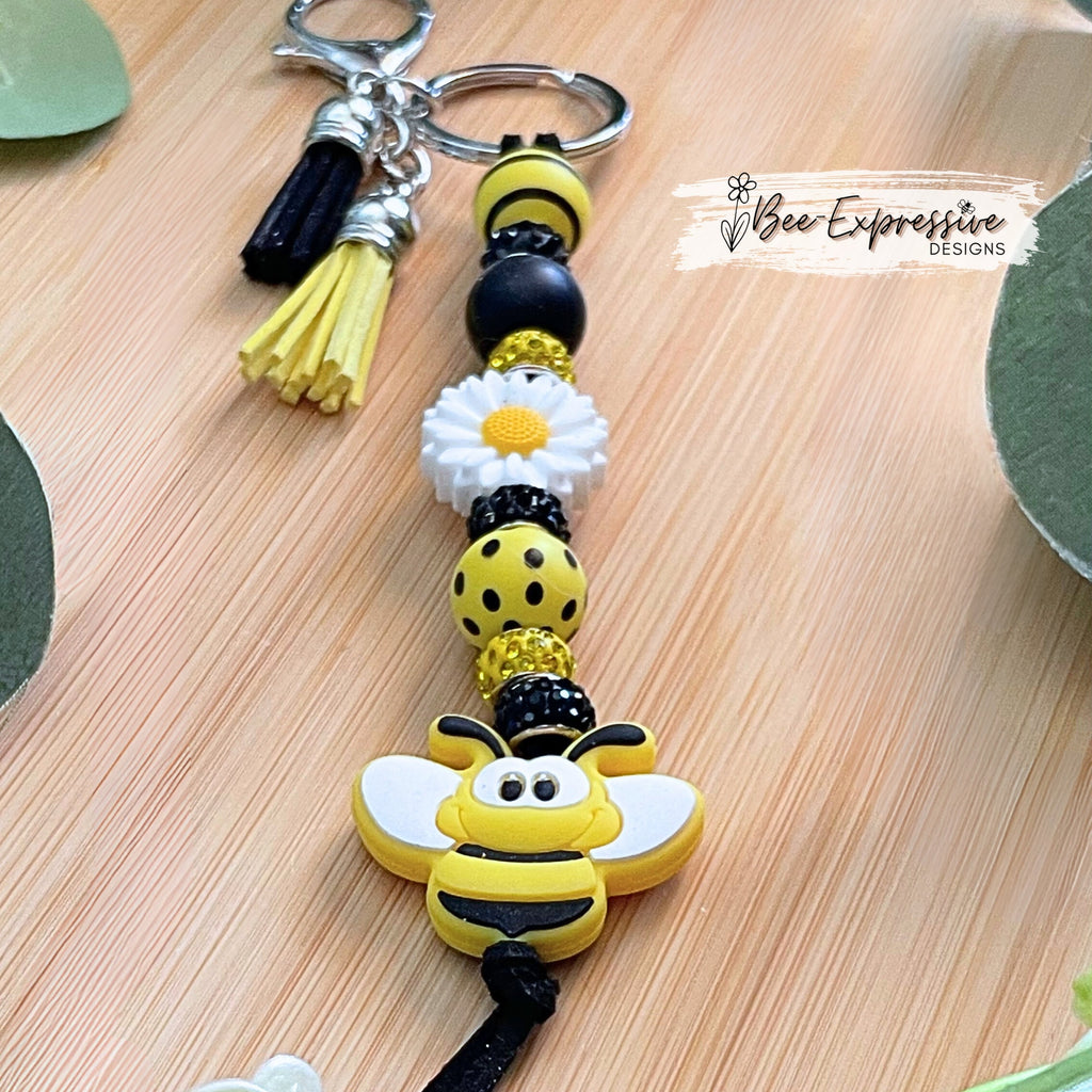 Silicone, BUMBLEBEE keychain!  Lobster or swivel clasp, bee focal bead, white daisy focal bead, wood beads, tassels, rhinestone beads