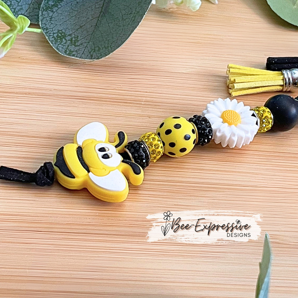 Silicone, BUMBLEBEE keychain!  Lobster or swivel clasp, bee focal bead, white daisy focal bead, wood beads, tassels, rhinestone beads