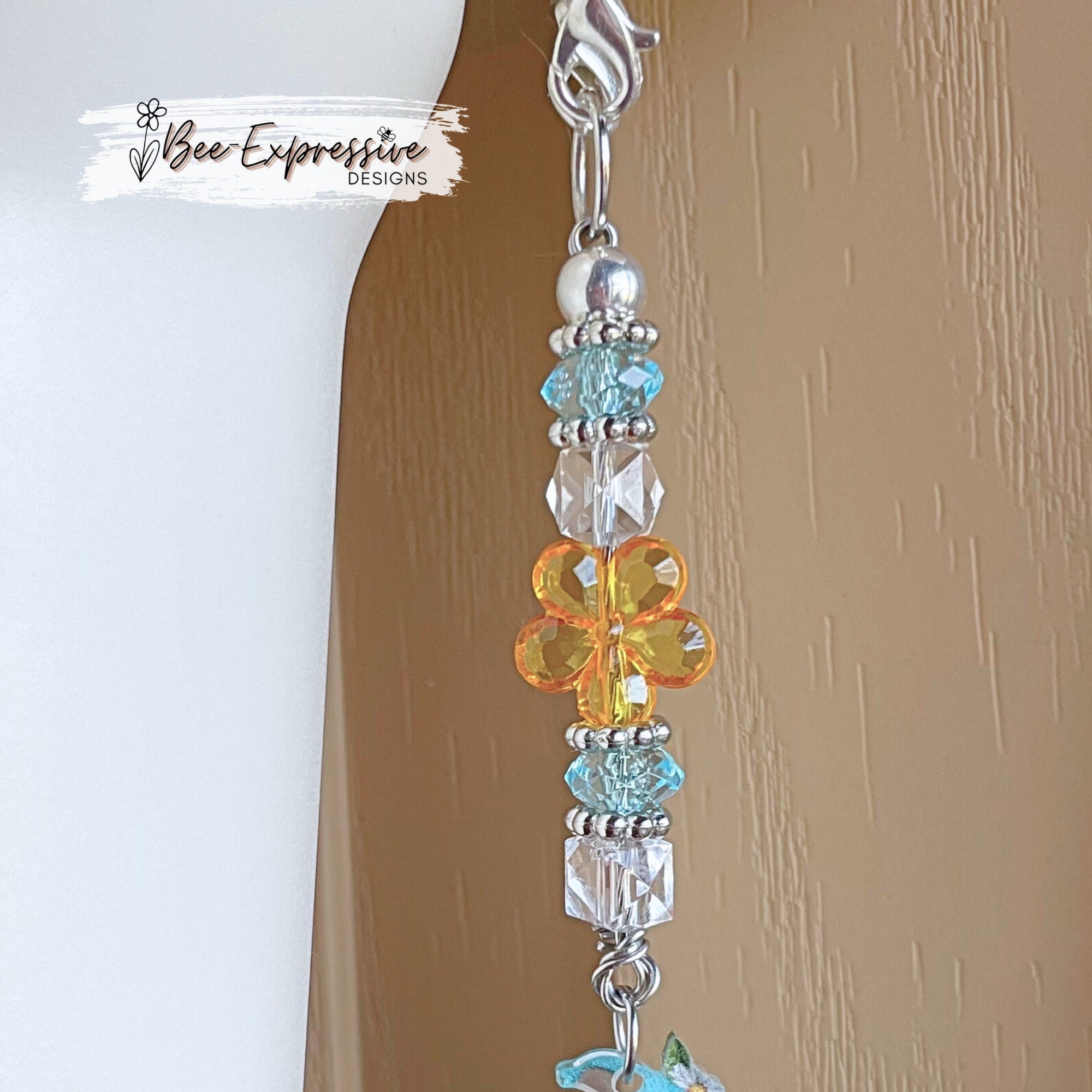 Handmade, beaded, GNOME charm chain for tumblers! Silver spacers, acrylic flower bead, acrylic beads, and a sunflower gnome pendant!