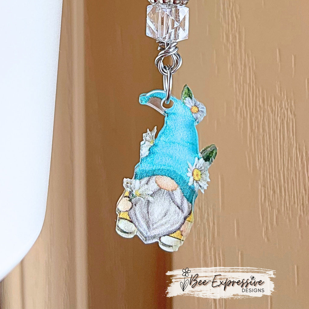 Handmade, beaded, GNOME charm chain for tumblers! Silver spacers, acrylic flower bead, acrylic beads, and a sunflower gnome pendant!