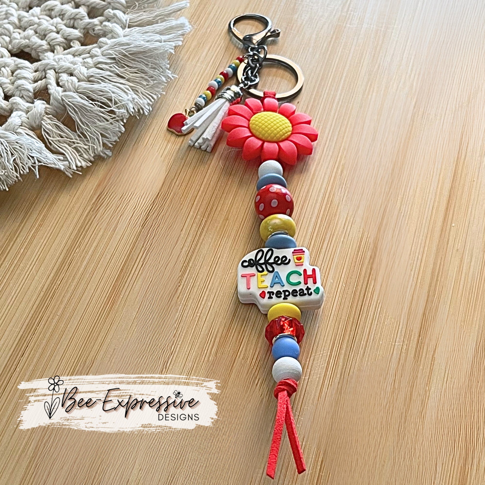 Handmade Teacher Keychain: Daisy, Apple Charm, Beaded Tassel