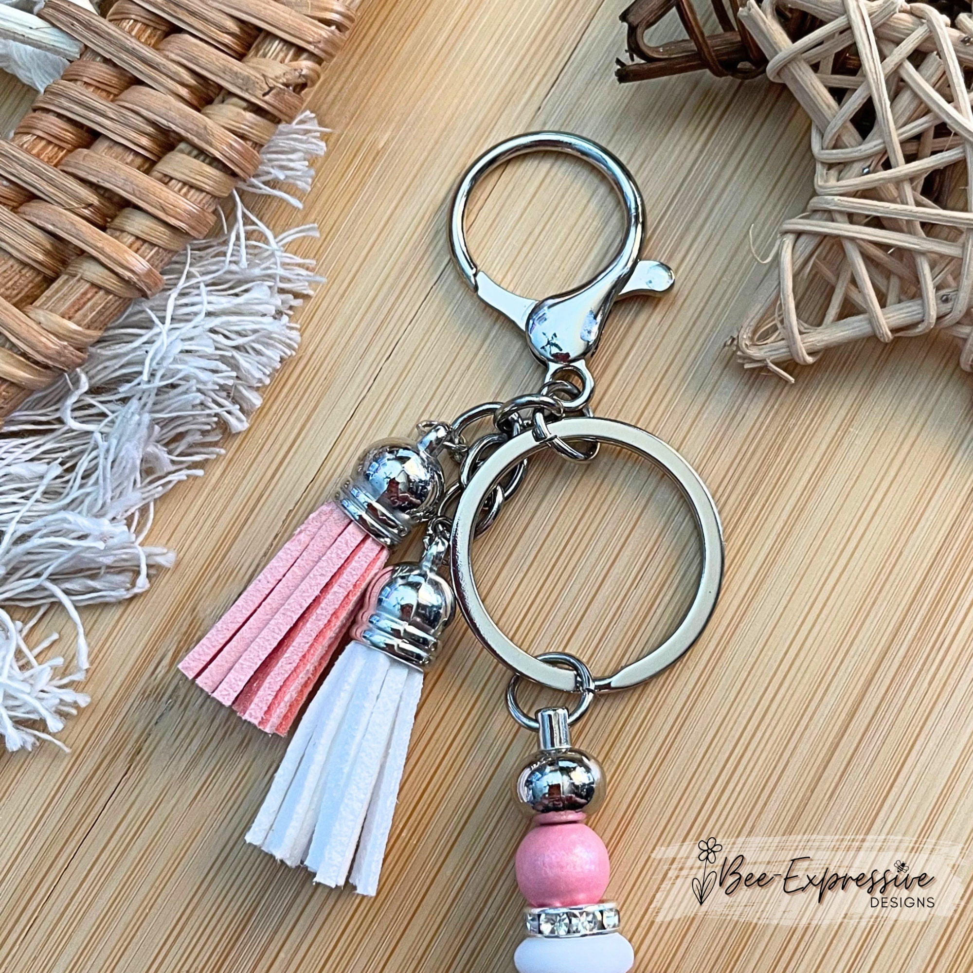Pink PIG beaded keychain! Lobster or swivel clasp, bead bar, rhinestones, animal print octagon bead, lentils, and 2 tassels
