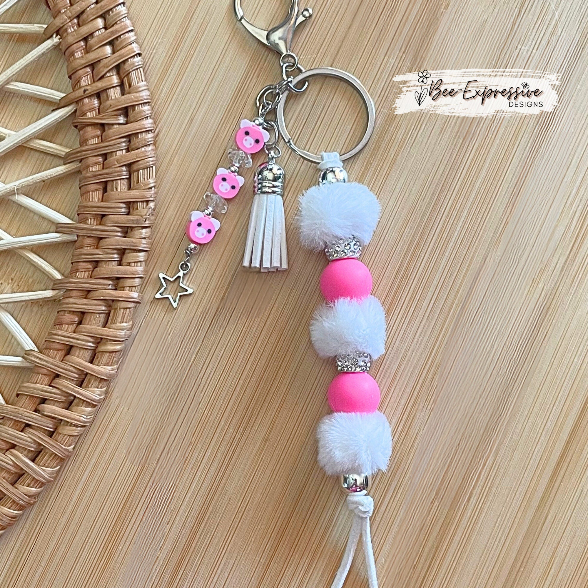 Handmade Pig Keychain: Beaded Tassel, Furry & Silicone Beads
