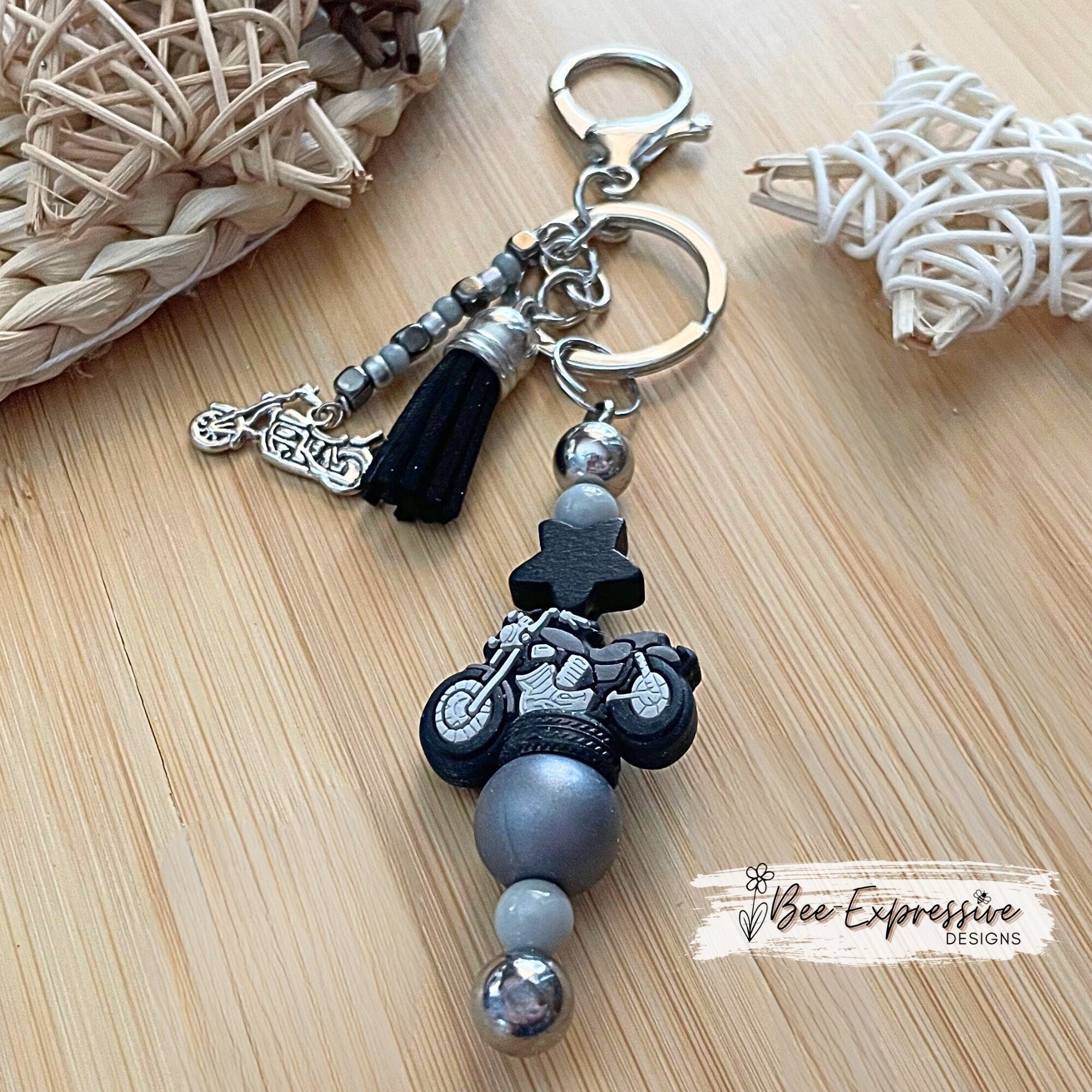 Unique and handmade, black and gray silicone motorcycle keychain!